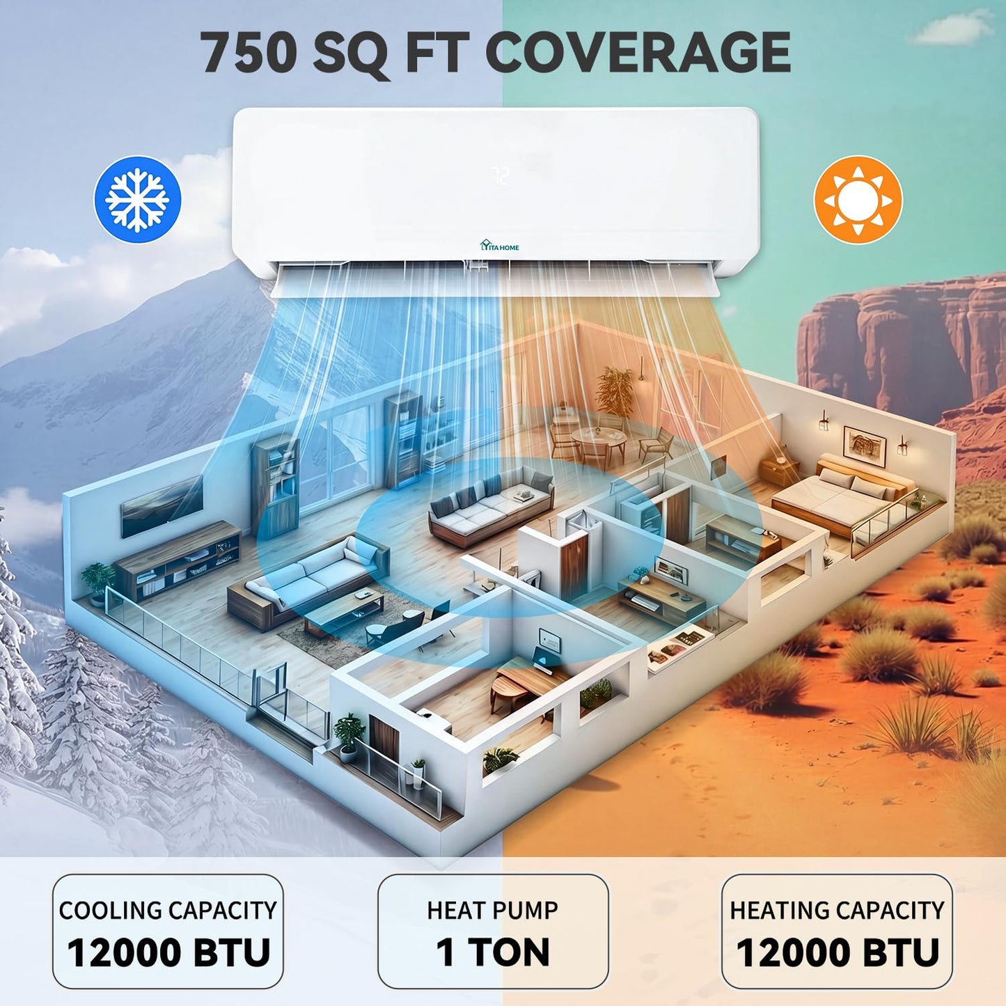 YITAHOME 12000 BTU Mini Split AC/Heating System, Ductless Split Unit AC and Heat, 230V 20 SEER2 Energy Efficient Inverter Air Conditioner, Wifi Enabled Compatible with Alexa Cool Up to 750 Sq. Ft