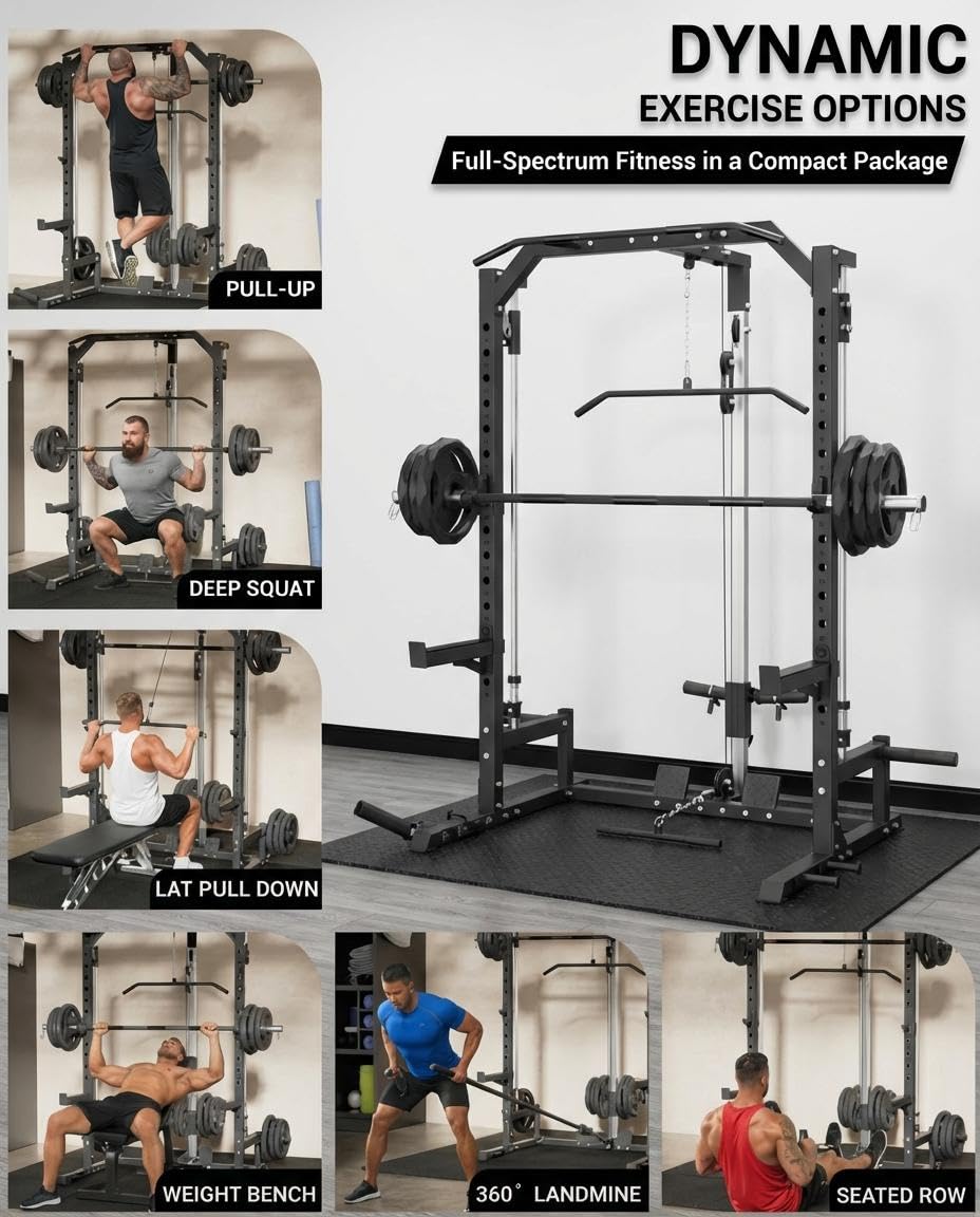 Compact Smith Machine Home Gym, All-in-1 Power Rack with LAT Pulldown Cable System, 1000LB Capacity, Squat Rack & Strength Training Station for Small Spaces