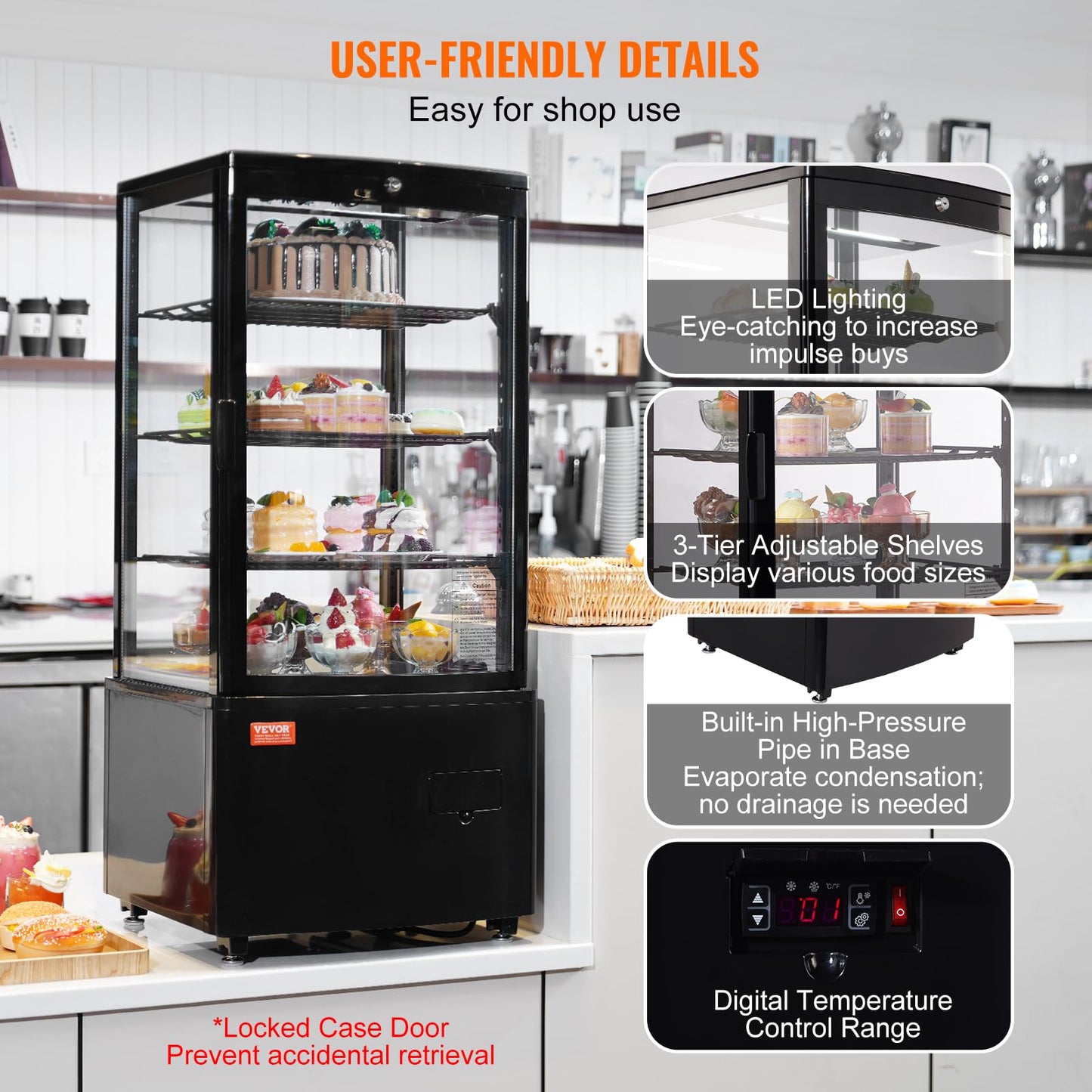 VEVOR XC-78L(1R) Cake Refrigerated 3 Cu.Ft./85L Countertop Pastry, Commercial Display Case with LED Lighting, TURBO, Frost-Free Air-Cooling, Locked Door for Bakery, 18.8 x 16.9 x 38 in, Black