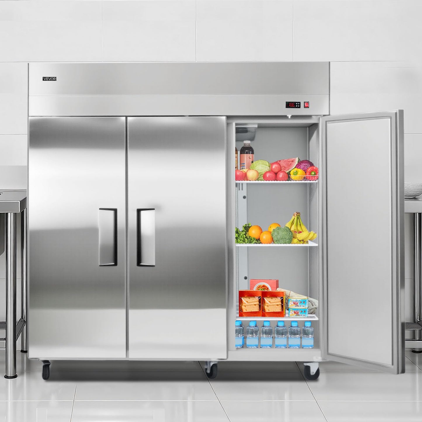 VEVOR Commercial Reach-In Refrigerator 72" W, 52 Cu.Ft Stainless Steel Upright Refrigerator with Three Doors, Auto-Defrost, 9 Adjustable Shelves, 32 to 50℉ Temp Control, UL Certified