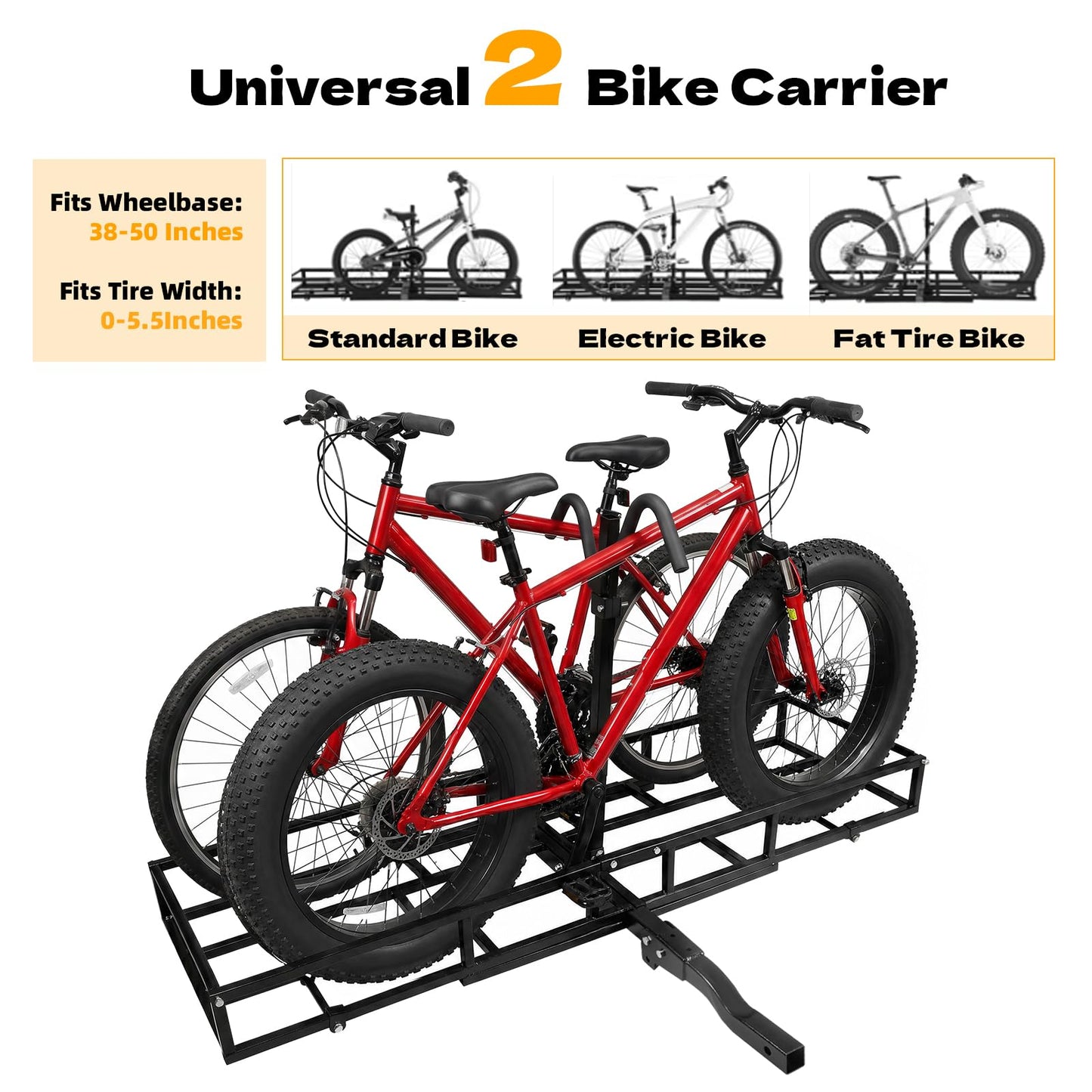 Hitch Cargo Carrier with Bike Rack,64" x 20" x 6" 2 in 1 Folding Trailer Hitch Rack for 2 Standard, Fat Tire and Electric Bike, Fits for Car SUV Truck RV Minivan with 2-Inch Receiver