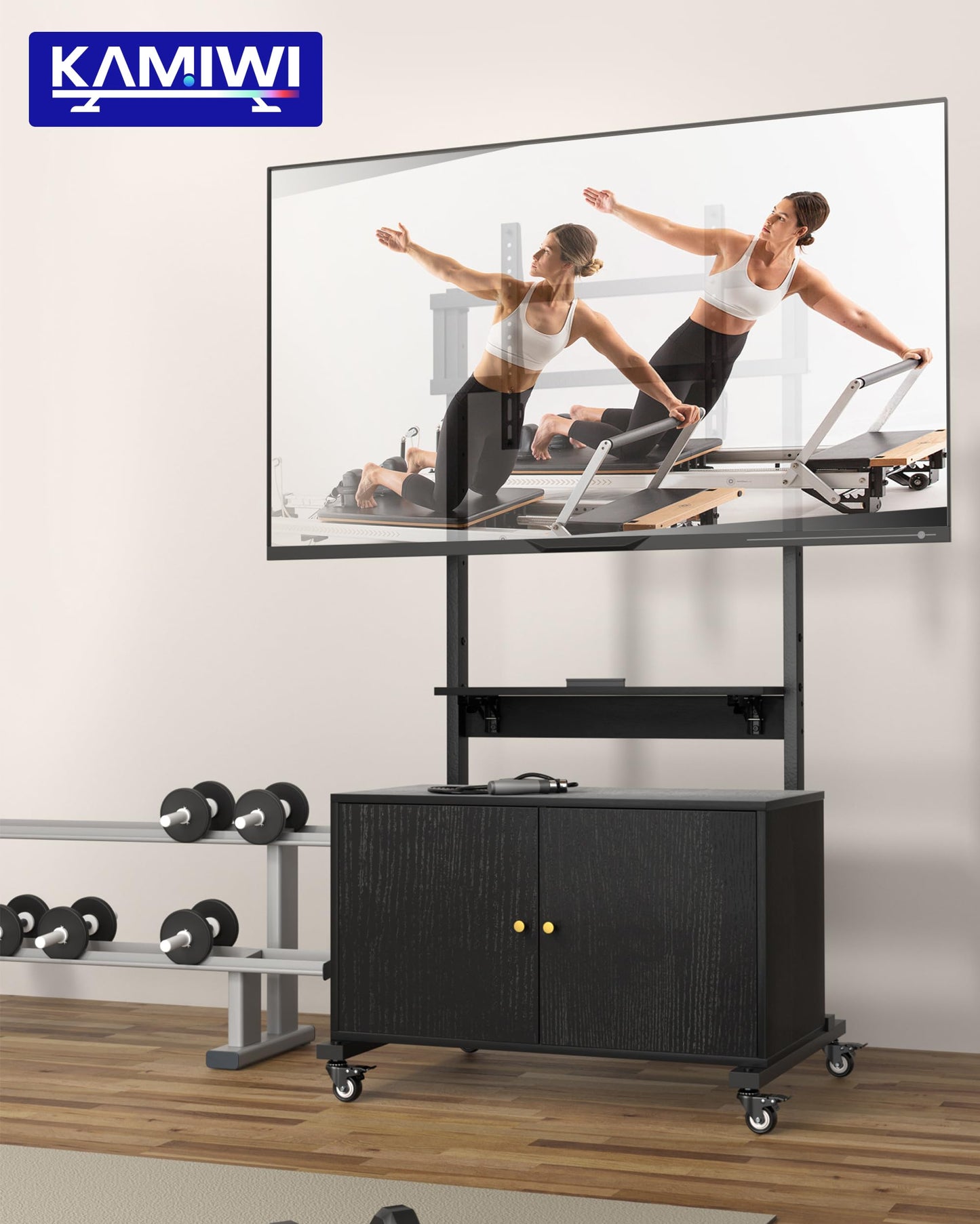 Rolling TV Stand with TV Mount,TV Floor Stand with Storage Cabinet for 32-75in Screen,Mobile TV Stand on Wheels with Foldable Table,Height Adjustable,Entertainment Center for Outdoor and Living Room