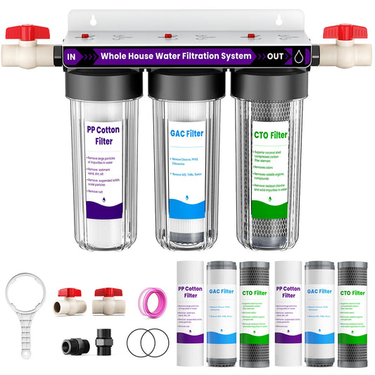 Whole House Water Filter System, 3-Stage Home Water Filtration System Highly Reduces Chlorine Odor,Taste, Delivers Crisp Water for Healthier Skin, 3/4" Ports with 2 Valves, Extra 2 Sets Filter Supply