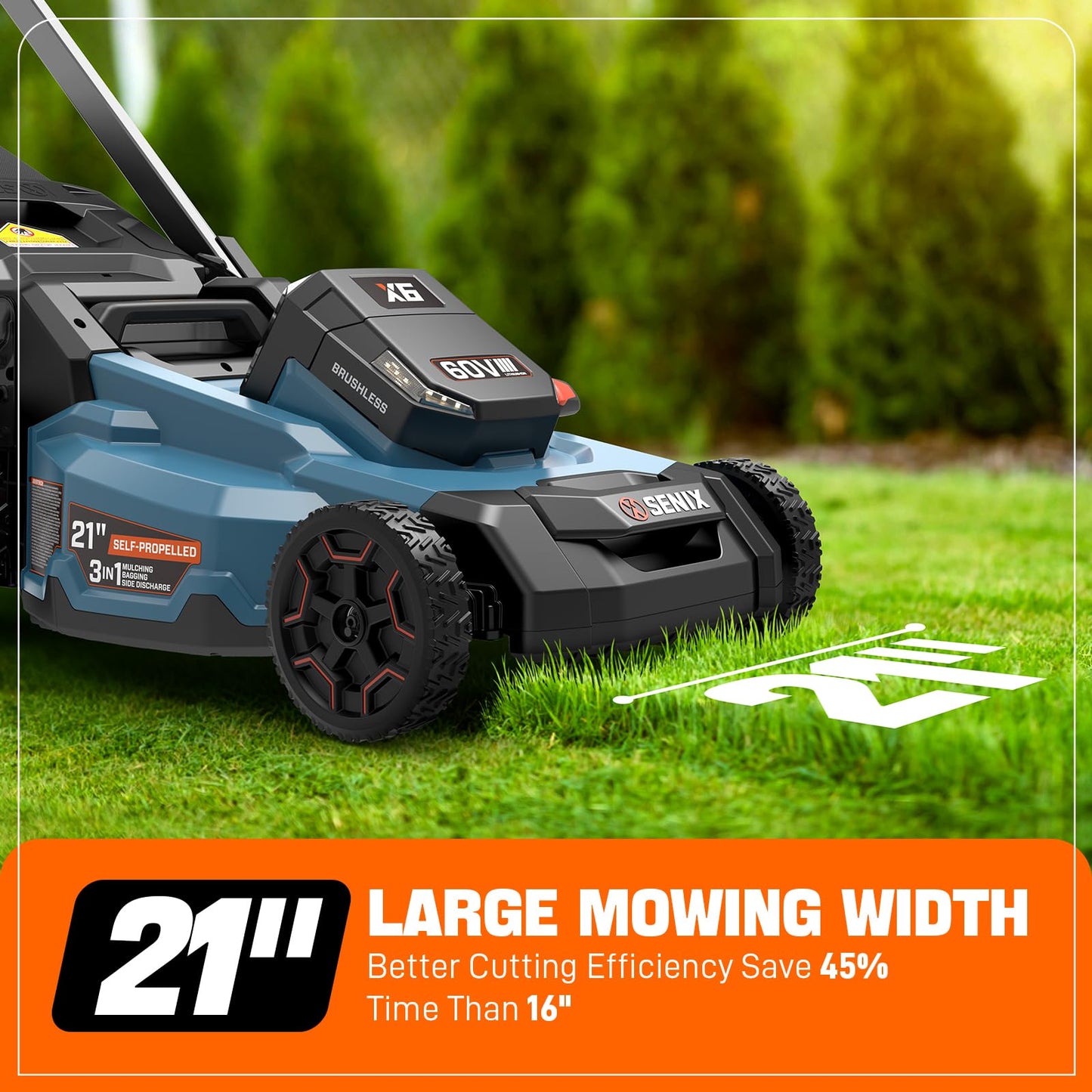 SENIX X6 60 Volt Max* 21-Inch 3-in-1 Cordless Push Lawn Mower,Self-Propelled,with Bagging,Mulching,Side Discharge,Height Adjustment,Smart Display,8Ah Lithium-ion Battery&Charger Included (LPSX6-H)