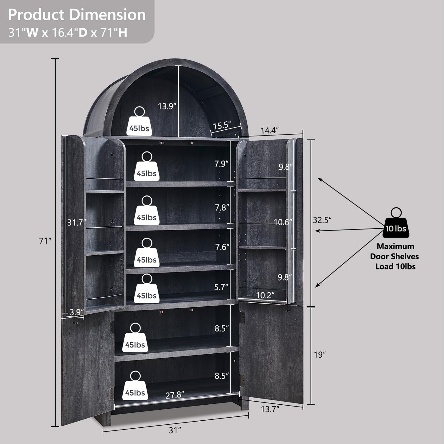 IFBUY 71" Tall Arched Bathroom Storage Cabinet, Modern Fluted Storage Cabinet w/Doors, 3 Adjustable Shelves, 6 Door Shelves, Wood Freestanding Cabinet for Bathroom, Entryway, Hallway, Dark Grey