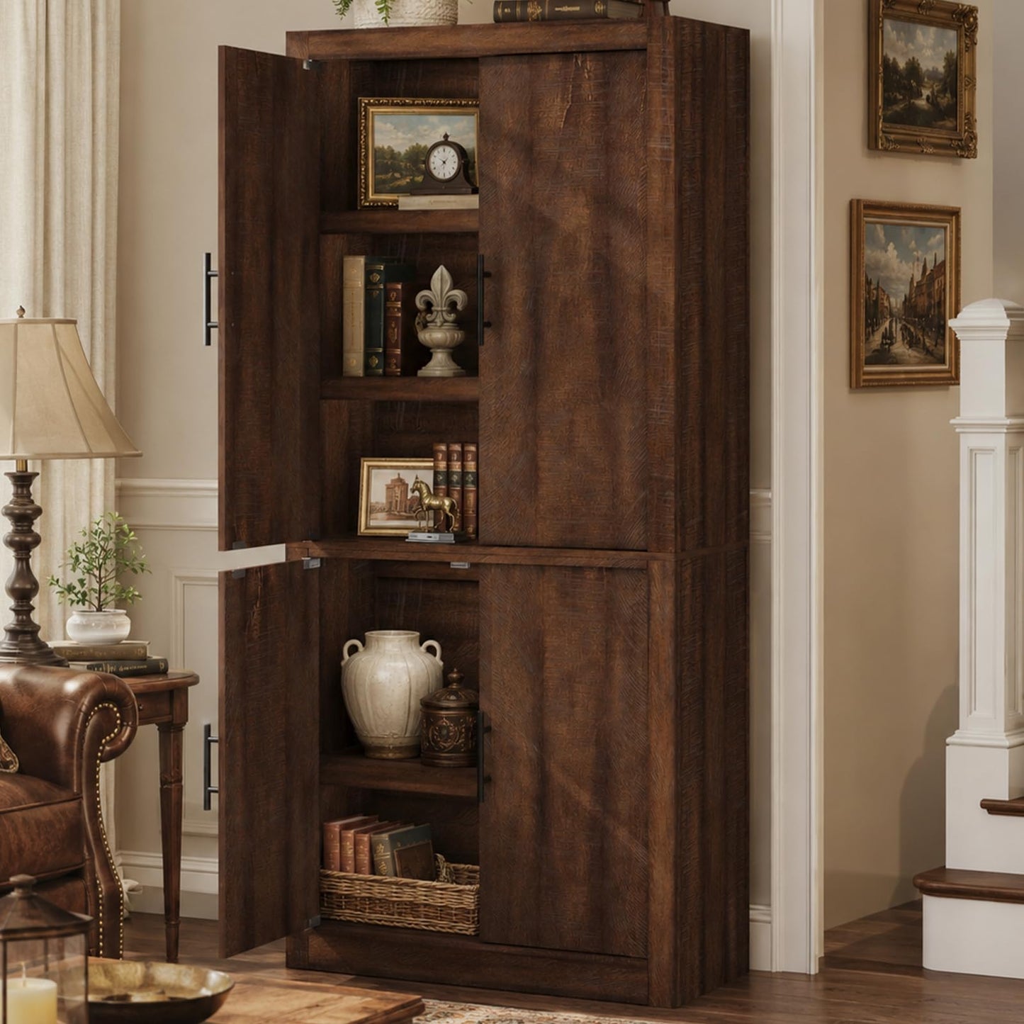 Garvee Tall Farmhouse Pantry Cabinet with Adjustable Shelves, 70.4" Kitchen Storage Cupboard with 4 Doors, Freestanding Microwave Stand and Food Organizer, Dining Area, Rustic Brown