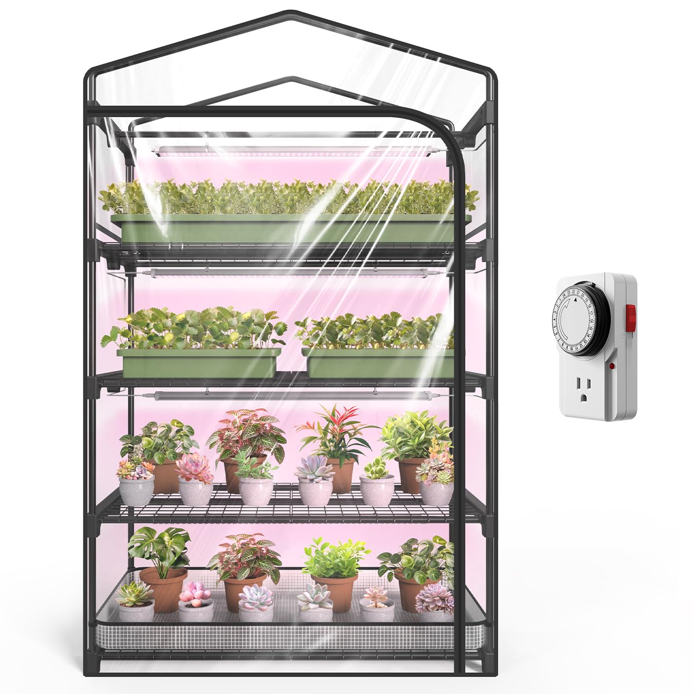 SpeePlant Indoor Greenhouse with Grow Light, 4-Tier Plant Shelf with T5 1.6FT 32W Full Spectrum LED Grow Light for Seed Starting, Succulent, Settable Timer Socket, 39" L x 19" W x 64" H