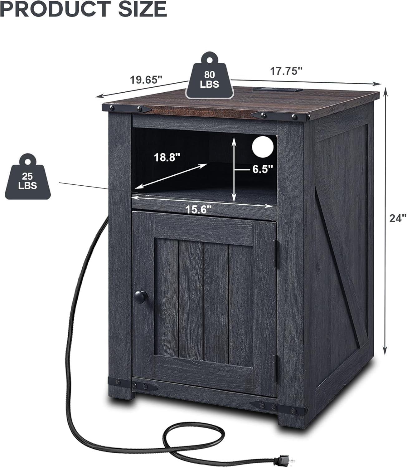 Farmhouse Night Stands Set of 2, 20" End Table w/Charging Station, Rustic Wood Bedside Table w/Groove Barn Door, Side Table with Storage w/Open & Adjustable Shelf for Bedroom, Living Room (Dark Grey)