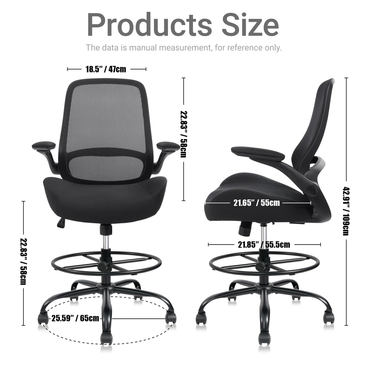 HYLONE 400lbs Big and Tall Heavy Duty Drafting Chair 5" Thickened Seat Tall Office Chair Flip-Up Armrests Ergonomic Chair with Lumbar Support and Adjustable Footrest Ring Standing Desk Chair (Black)