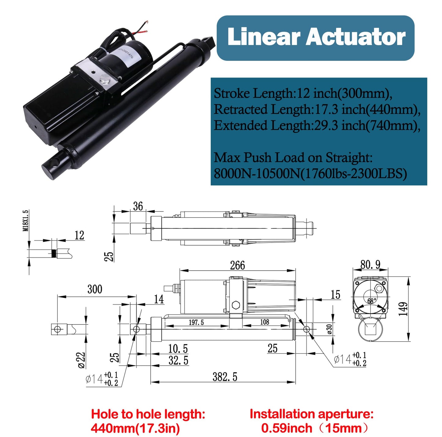 JEENDA DC 12V 12" Hydraulic Motor Heavy Duty Electric Linear Actuator 1700Lbs-2300lbs Compatible with Dump Trailers, Lift Tables, Solar Tracking System, Wheelchair Lift,Tractors,Cleaning Vehicle