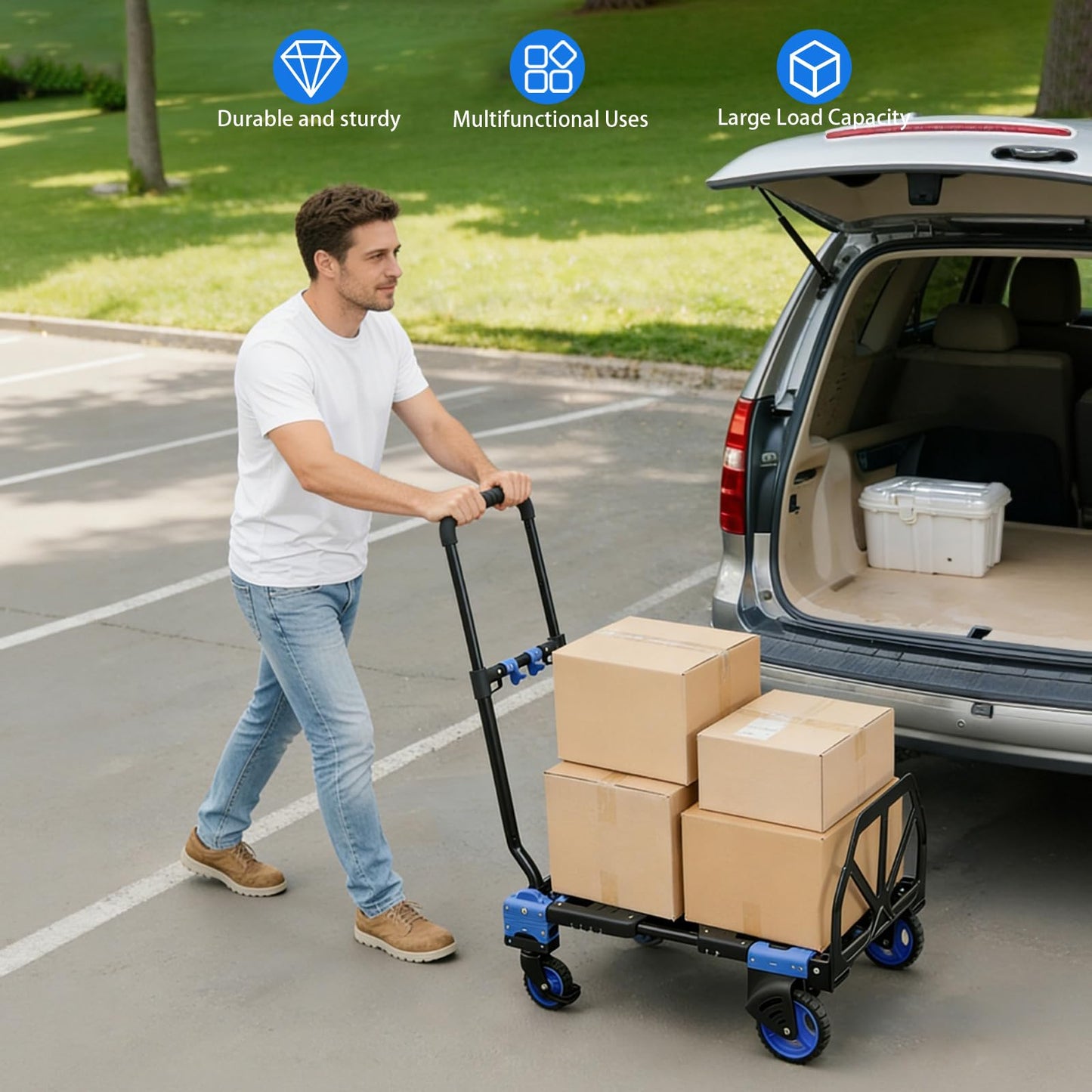 2 in 1 Folding Hand Truck with 2 Folding Basket,330lbs Capacity Heavy Duty Hand Truck,with Telescoping Handle and Rubber Wheels,Portable Dolly Cart with Bungee Cords for Moving,Travel,Shopping