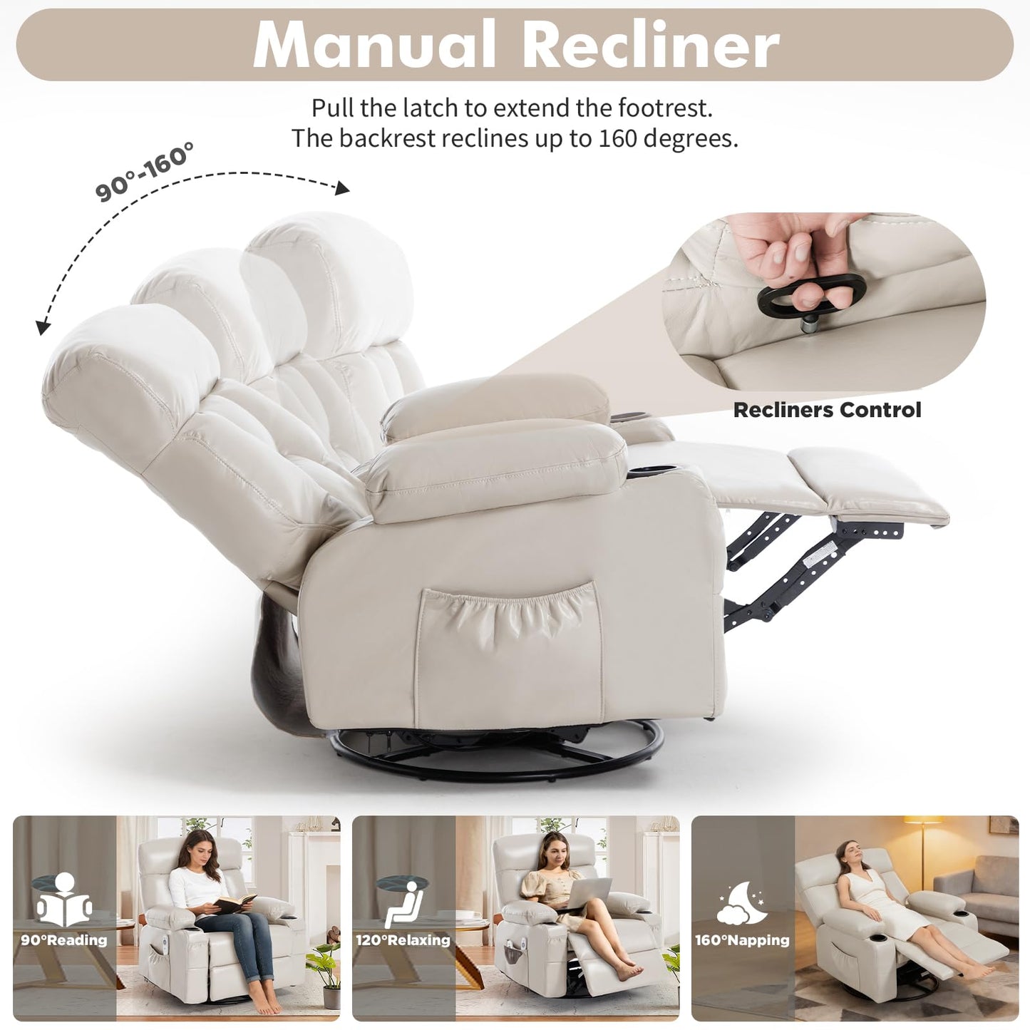 Comermax Rocking Recliner with Heat and Massage, Wide Seat Heated Massaging Reclining Chair for Home Theater, Faux Leather Manual Swivel Rocker Recliner Chair with Cup Holder for Adult, Beige