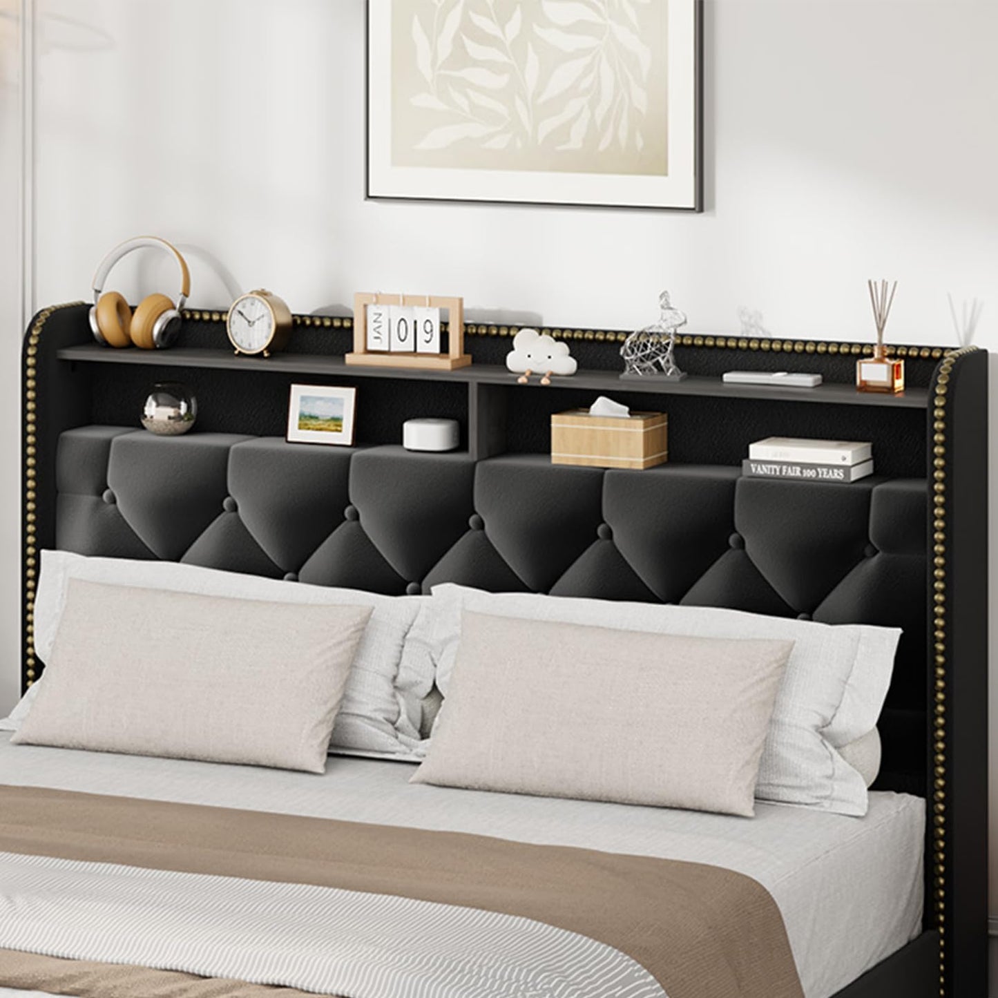 Queen Size Black Velvet Storage Bed with Shelved Headboard and 4 Drawers, Tufted Upholstered Platform Bed Frame with Nailhead Trim, Metal Support Slats, No Box Spring Required, Easy to Assemble