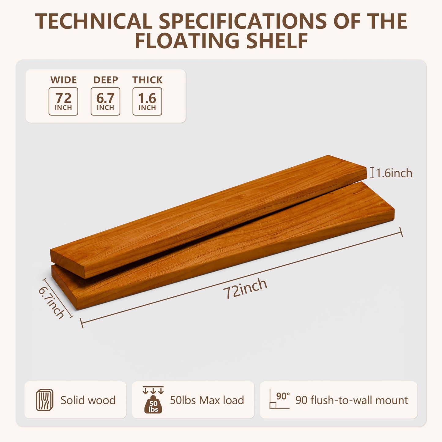 IEO Long Wooden Floating Shelves for Room Wall, Natural Wood Floating Shelves Wall Mounted Kitchen Shelf for Living Room, Bedroom, Kitchen,Bathroom, Storage (Honey Oak, 72in 2tier)