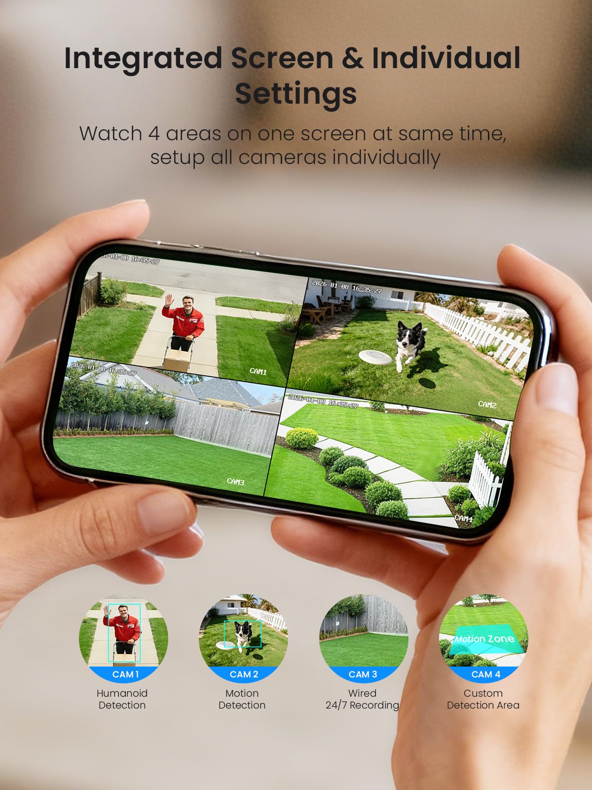 GAIEXCE Solar Cameras Outdoor Wireless, No Subscription, Expandable to 10CH, 4 Cam Kit, Home Security Camera System, 4MP Color Night Vision, 360° Pan&Tilt, Auto Tracking, 2.4G/5G WiFi, 64G SD Card