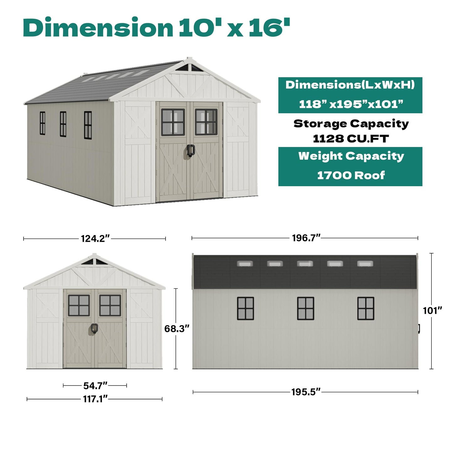 Devoko 10x16 FT Resin Outdoor Storage Shed with Floor, Plastic Tool Garden Shed with Windows & Lockable Door, Beige