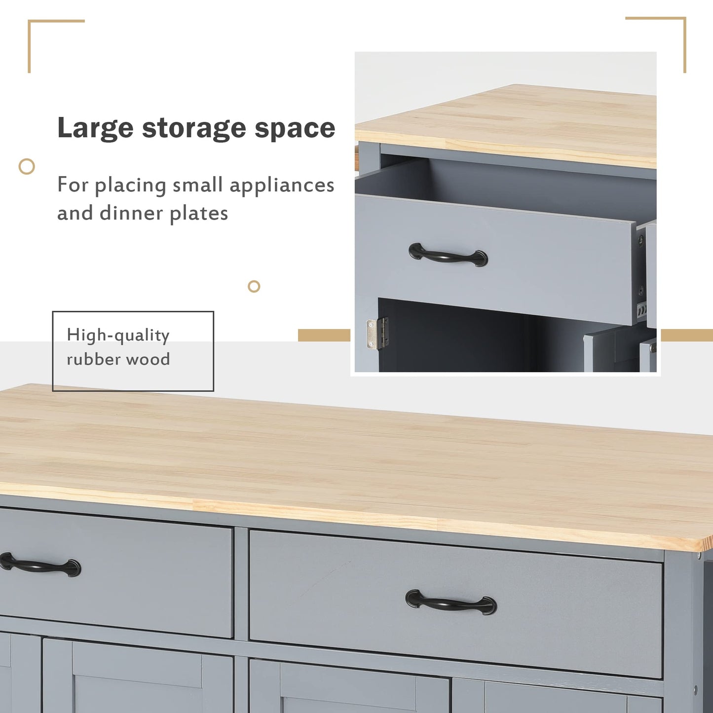 Favfurish Kitchen Island with Solid Wood Top and Locking Wheels,54.3 Inch Width Kitchen Cart W/ 4 Door Cabinet / 2 Drawers/Spice Rack/Towel Rack,for Dining Room,Home Bar,Gray