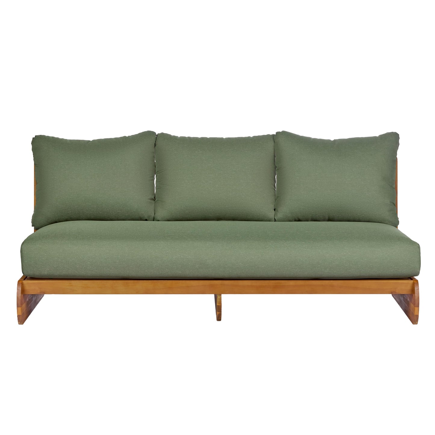 Merax Outdoor Acacia Wood Sofa with All-Weather Cushions, Patio Low 3-Seater Lounge Sofa for Porch, Lawn, Backyard, Balcony, Green+Teak