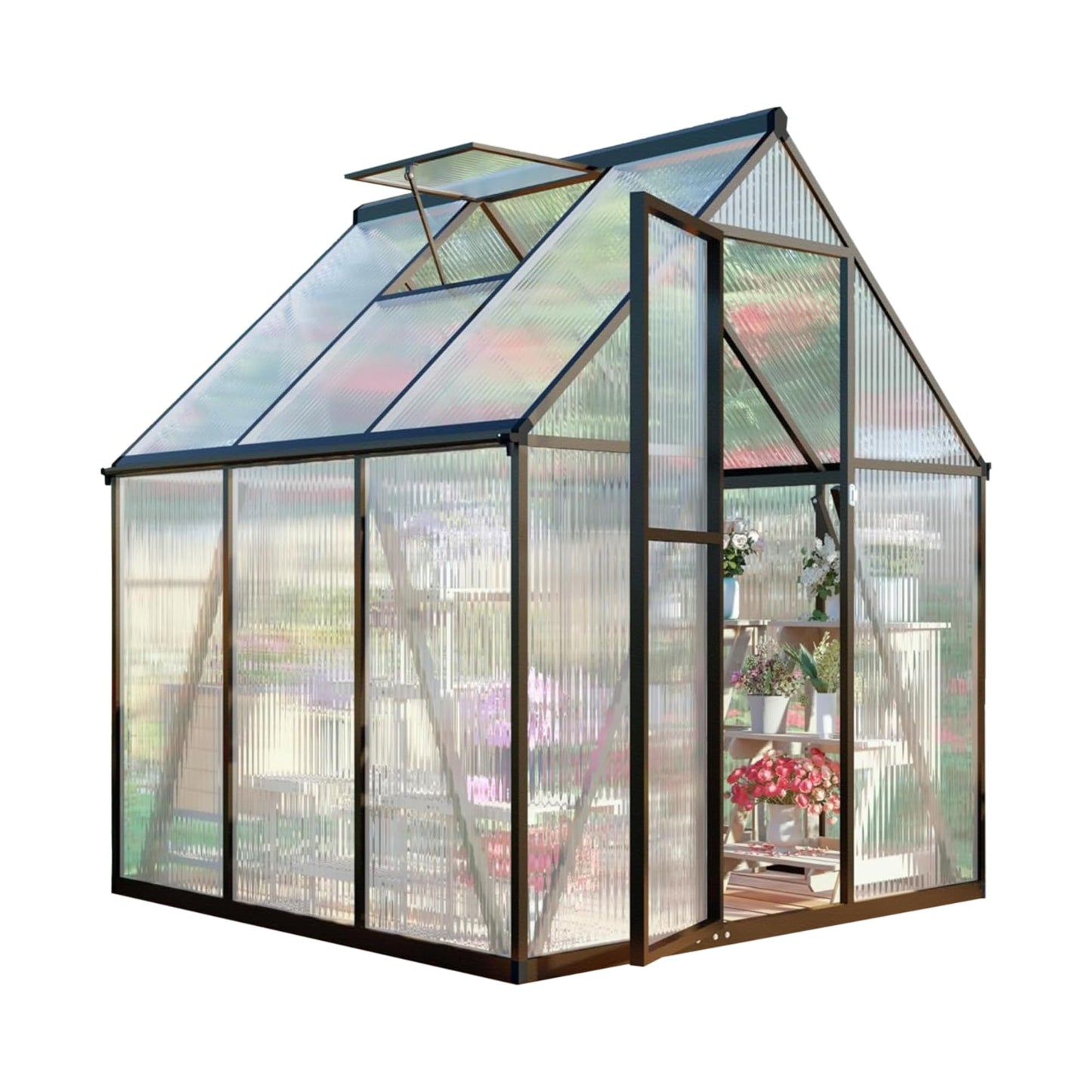 6x6FT Greenhouse for Outdoors, Polycarbonate Greenhouse with Quick Setup Structure and Roof Vent, Aluminum Large Walk-in Green House for Outside Garden Backyard, Charcoal Black
