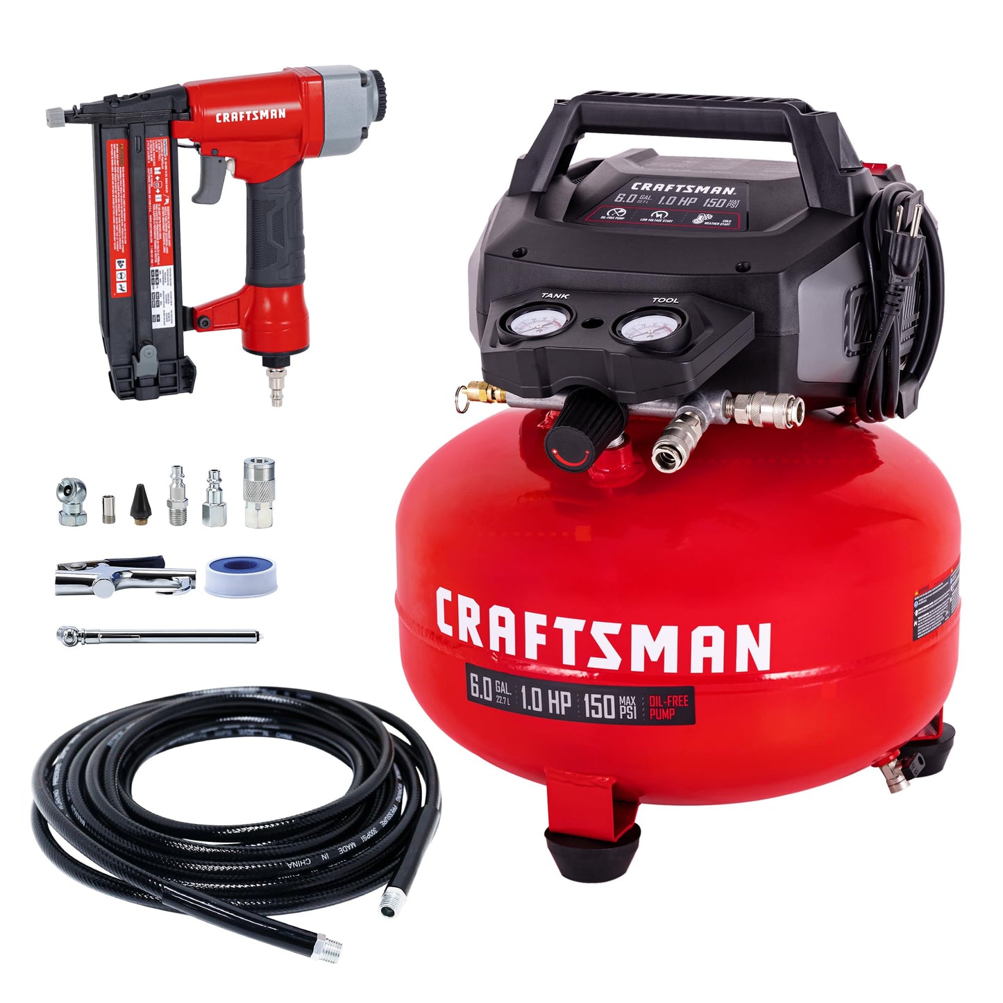 CRAFTSMAN 6 Gallon Pancake Air Compressor with 18GA Brad Nailer, Portable Oil-Free, 150 PSI, 2.6 SCFM @ 90 PSI, 10-Piece Accessory Kit, Model CMXECXA0210641D
