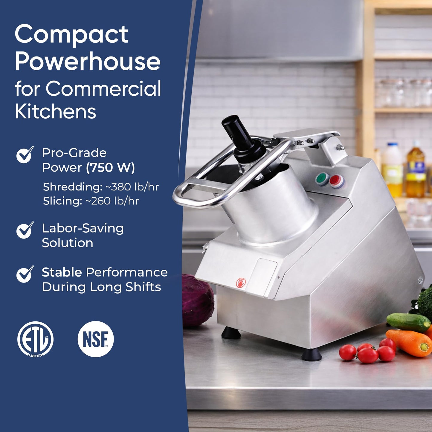 Tartle Kitchen 750W Electric Vegetable Chopper - Commercial Food Processor with Continuous Feed, Dual Feed Openings, 5 Discs for Slicing, Shredding, & Grating - Restaurant-Grade, NSF & ETL Certified