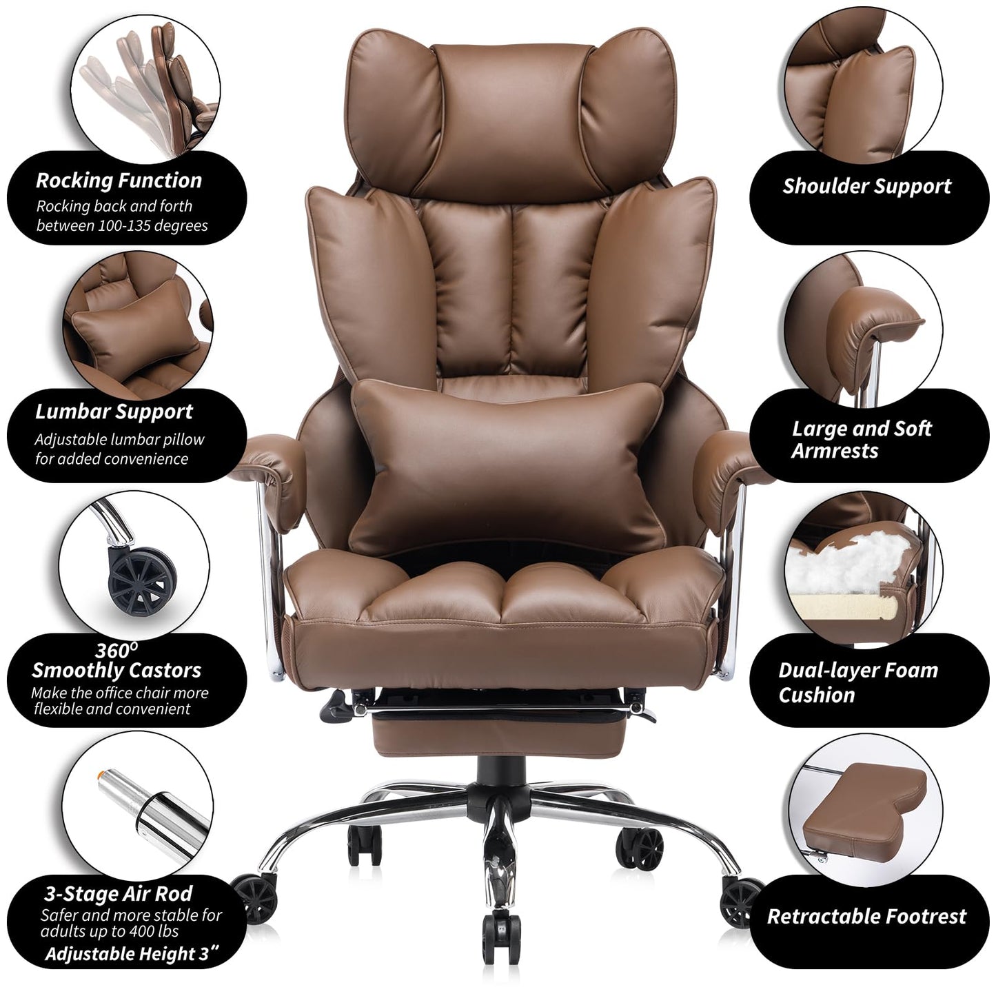 Efomao Big and Tall Office Chair 400lbs – High Back Executive Chair with Swivel Base, PU Leather Upholstery, Lumbar Pillow, Padded Armrests, and Rolling Wheels，Brown Computer Chair