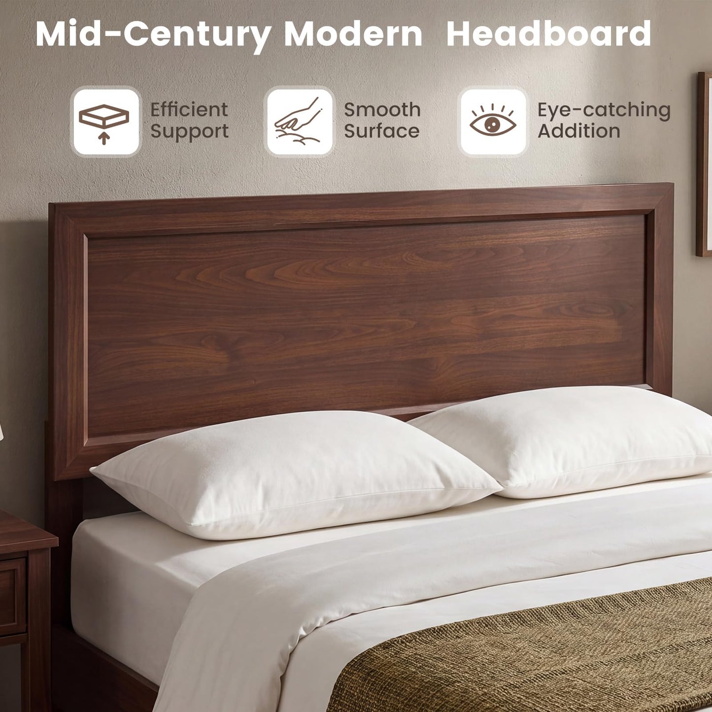 KOMFOTT Full Size Bed Frame, Mid-Century Modern Platform Bed with Headboard, Wooden Slat Support Mattress Foundation, Under-Bed Storage Space, No Box Spring Needed (Walnut,Full)