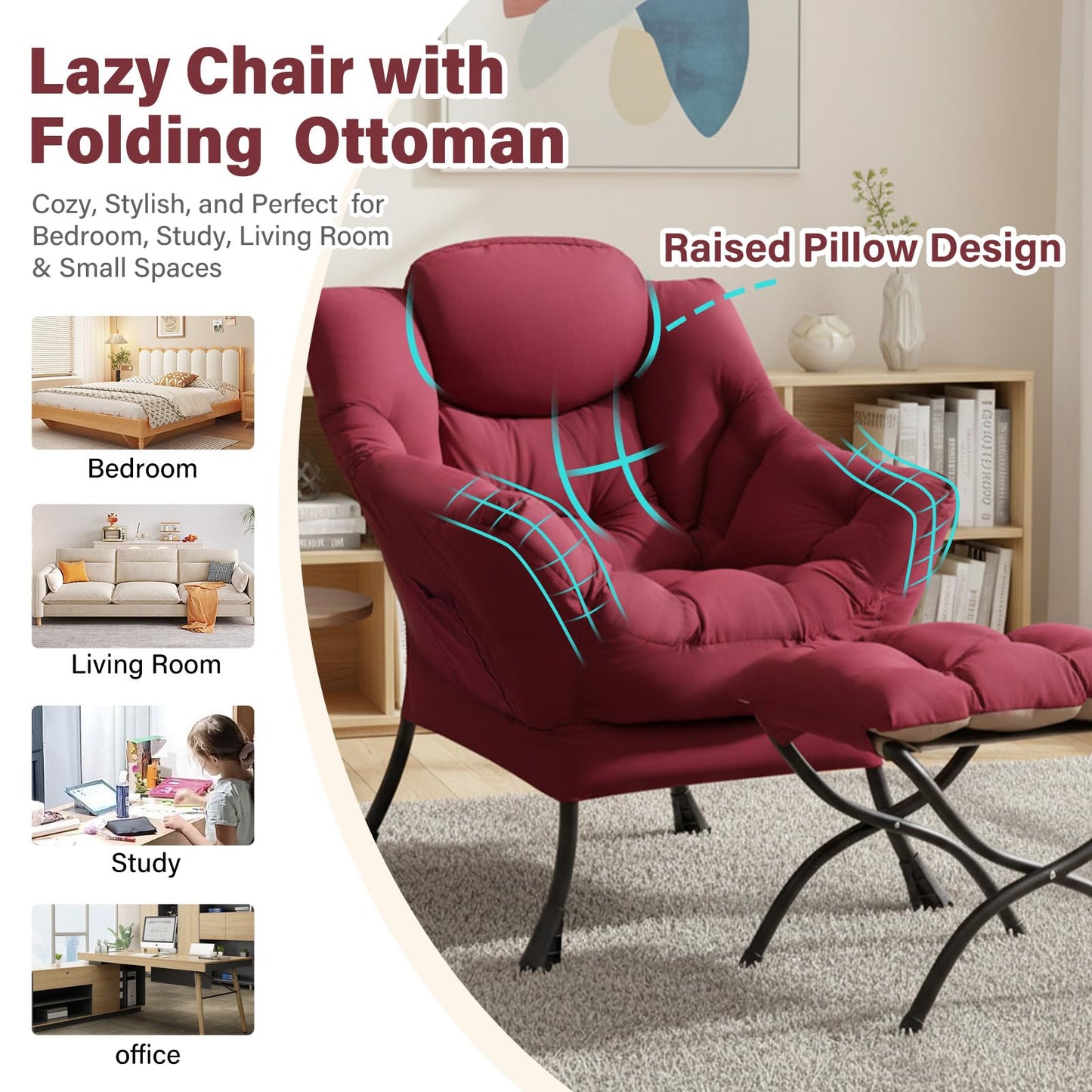 Furlide Lazy Chair with Ottoman, Modern Accent Chairs with Folding Footrest, Burgundy Sofa Chair Set, Comfortable Reading Chairs, Oversized Armchairs for Bedroom, Study, Living Room, Courtyard
