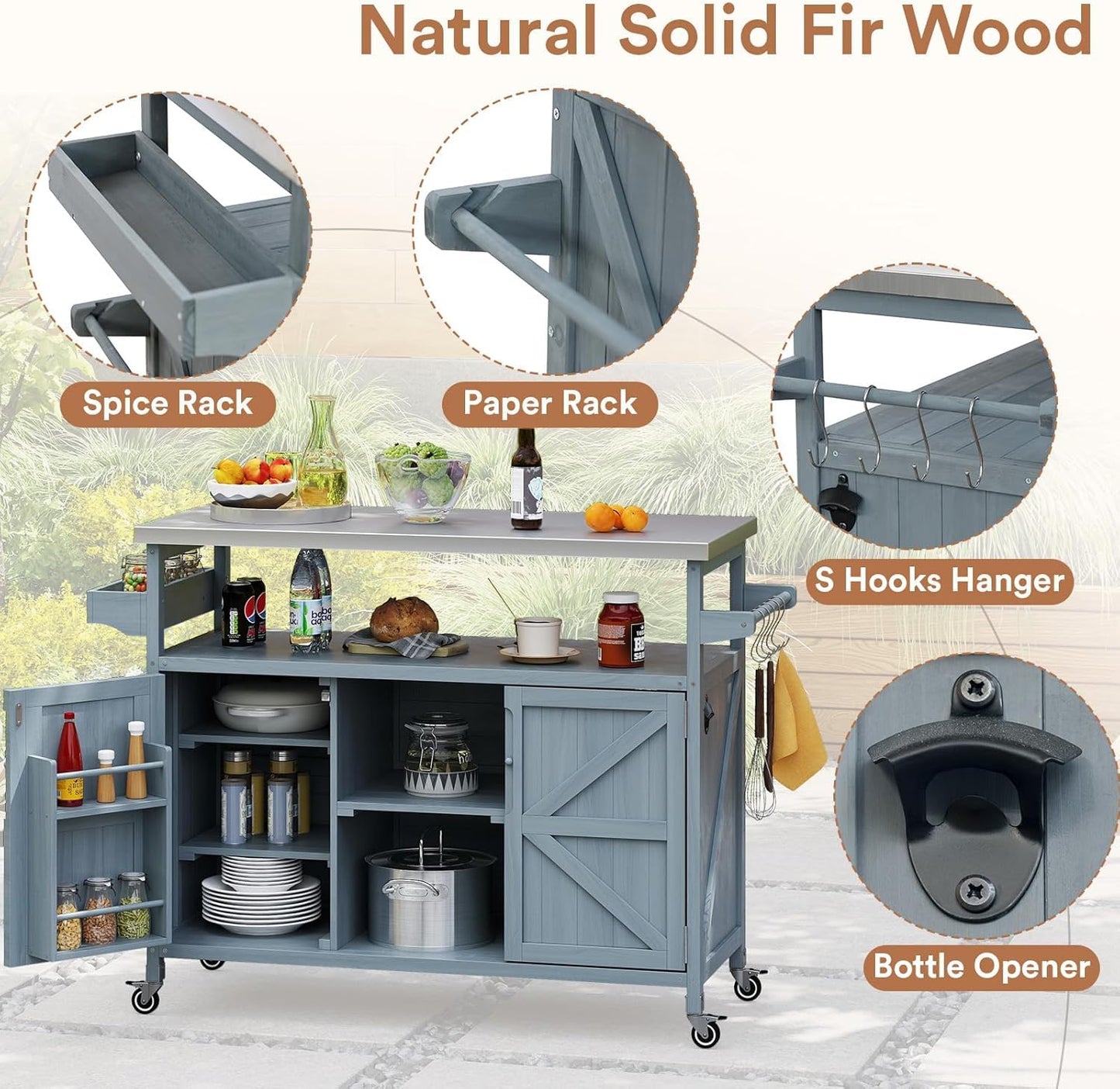 Zevemomo Outdoor Grill Cart with Storage, Stainless Steel Tabletop Outdoor Kitchen Island, Fir Wood Outdoor Buffet Cabinet with Lockable Wheels for Grilling, Gray-Blue