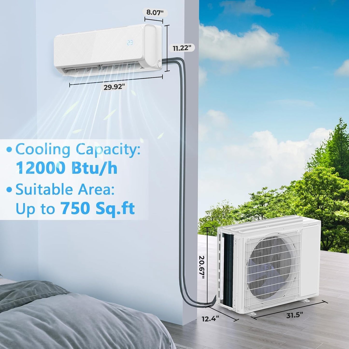12000 BTU Mini Split Air Conditioner, 22 SEER2 Energy-Efficient Ductless Inverter Heat Pump, Cools Up to 750 Sq.Ft, Ultra-Quiet, WiFi & Alexa Smart Control, Installation Kit, 115V,White