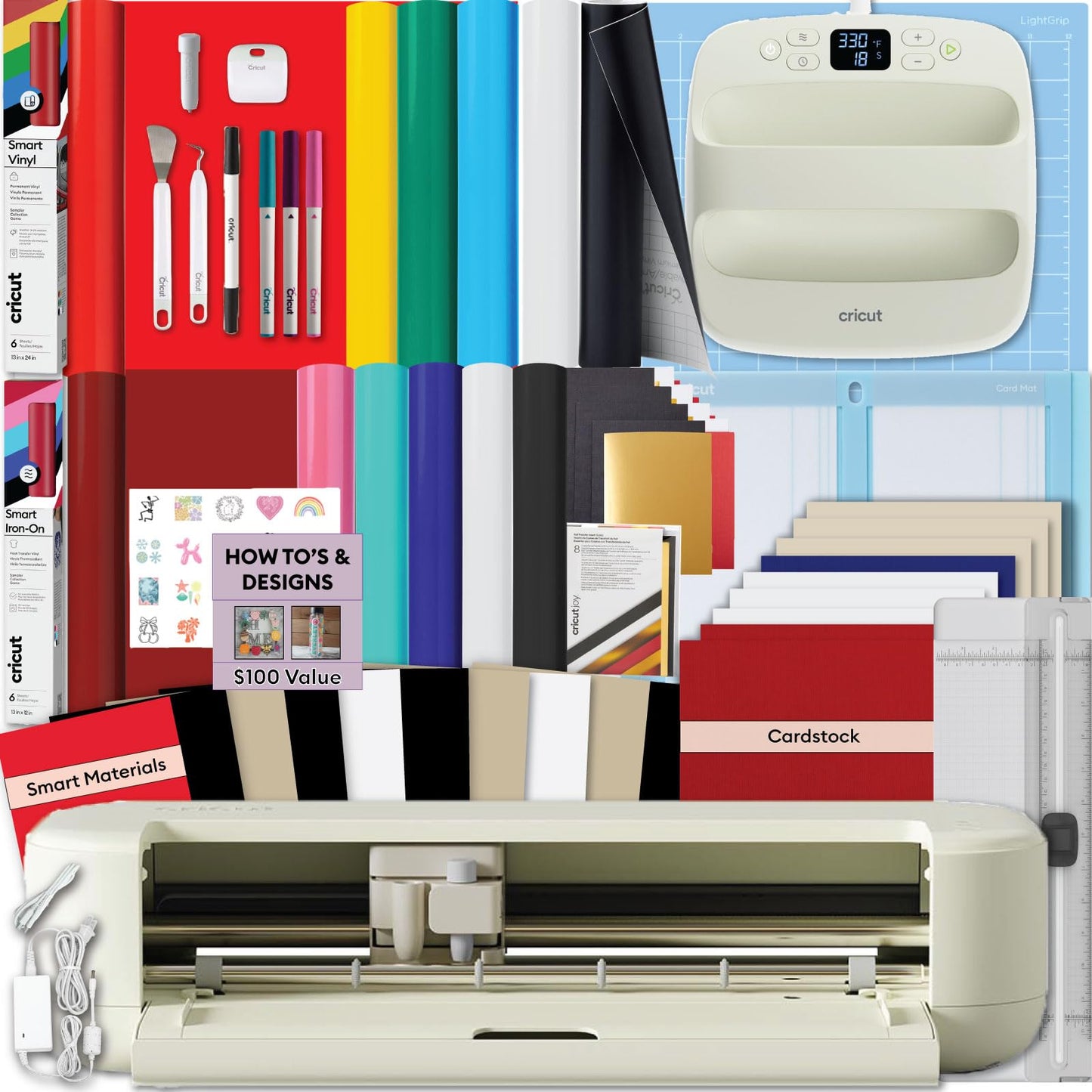 Cricut Explore 5 Multicolor Essential Bundle with EasyPress 9x9 - All-in-One Kit for Stickers, T-Shirts & Custom Apparel - Includes Multicolor Smart Vinyl & Iron-On, Heat Press & Card Supplies