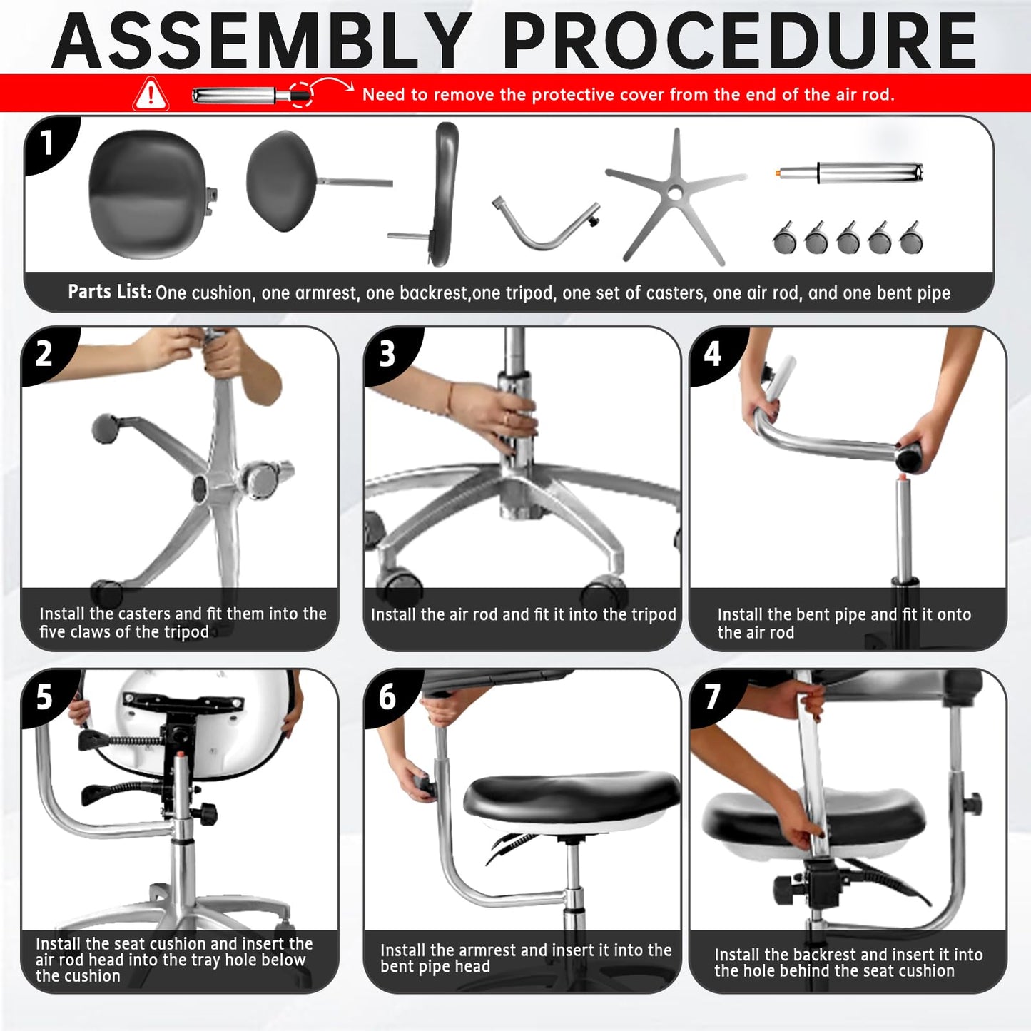 Dental Assistant Chair PU Leather with Swivel Armrests, Rolling Dental Chair, Ergonomic Swivel Dentist's Stool with Backrest for Clinics, Tattoo, Home and Laboratory - Black