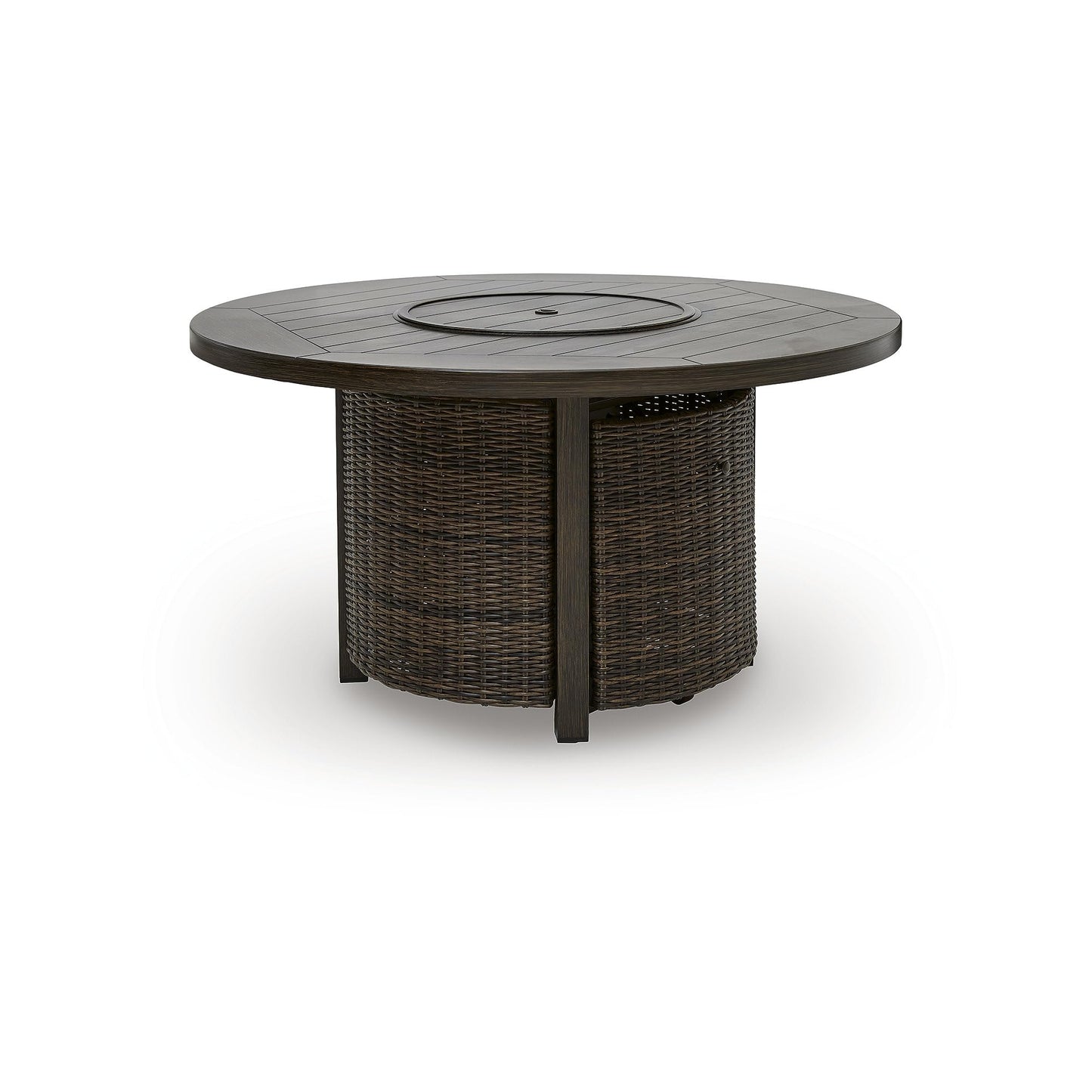 Signature Design by Ashley Drakes Beach Fire Pit Table, 55,000 BTU Stainless Steel Burner, Resin Wicker on Aluminum Frame, Wood-Look Finish for Patio Deck Entertaining, 48' Square