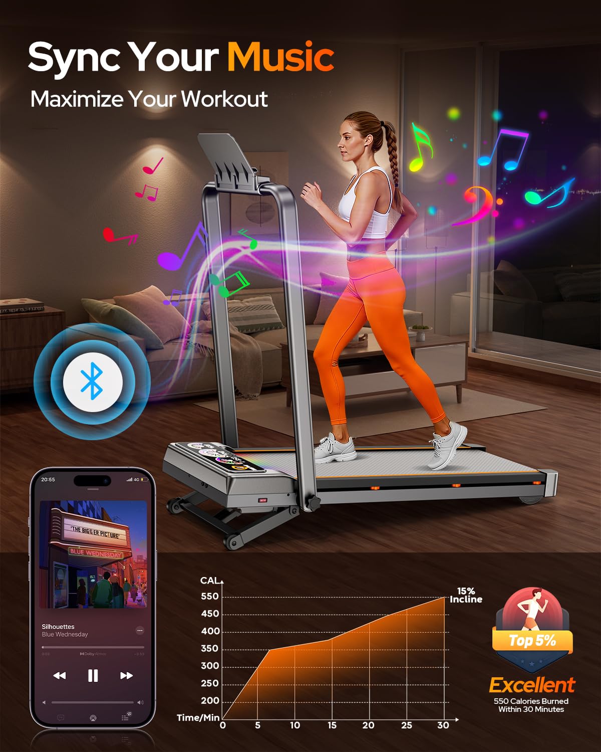 Walking Pad with 15% 12-Level Auto Incline & Handle Bar, Trisomy Foldable Under Desk Treadmill, 450 LBS Capacity Treadmills for Home Hiking with UI Screen, Bluetooth Speaker, Remote, RGB Light