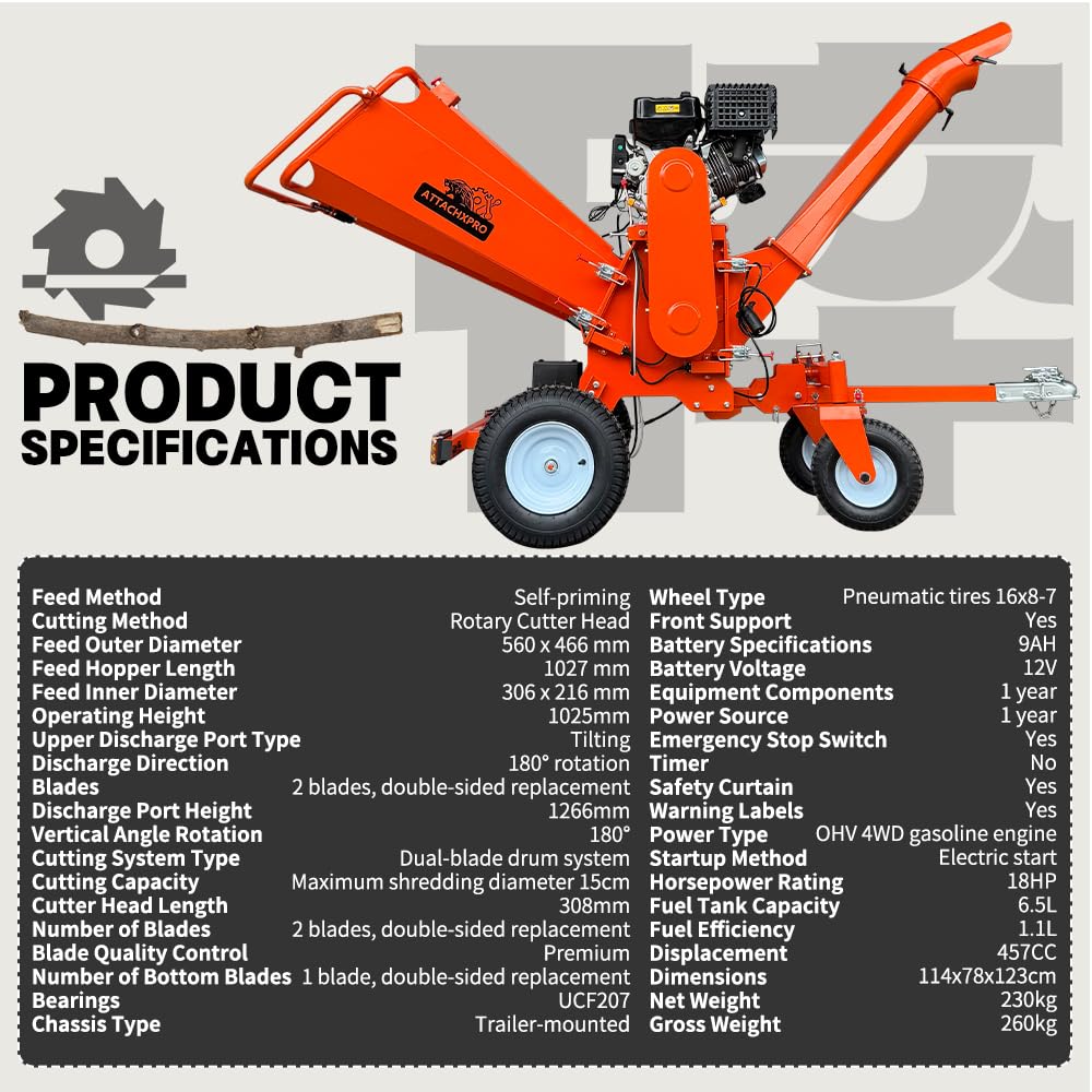 18HP 6 Inch 420cc Gas Powered Wood Chipper Shredder Mulcher, 4-Wheels Towable Wood Chipper Leaf & Branch Shredder with Towbar, Emergency Stop Button, Max Chipping Capacity for Wood Pellets (orange)