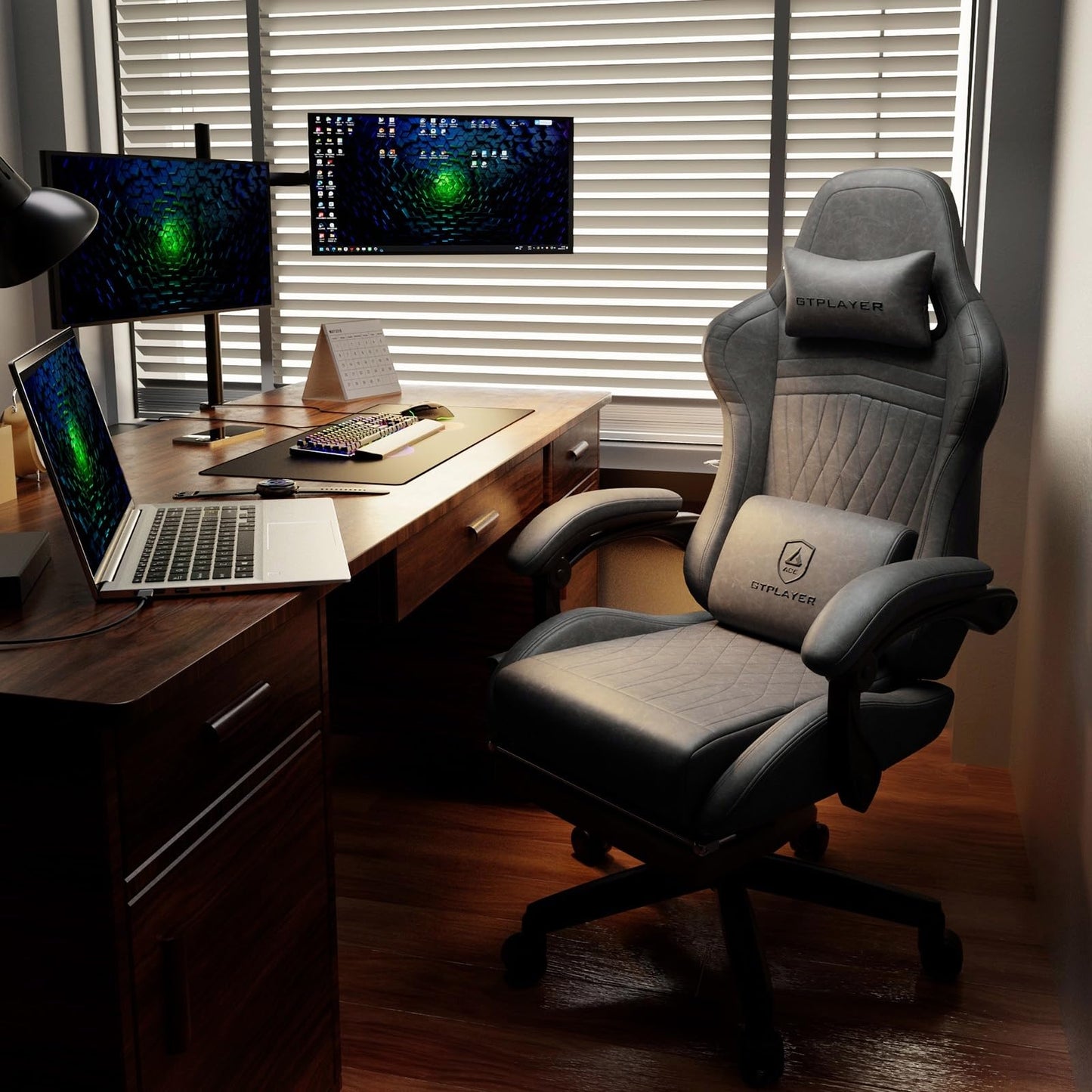 GTPLAYER ACE-PRO Music Gaming Chairs – Built-in Speakers, App Support & Bluetooth Control, Computer Game Chairs with Footrest for Adults, Ergonomic Reclining Silla, Linkage Armrest, Grey