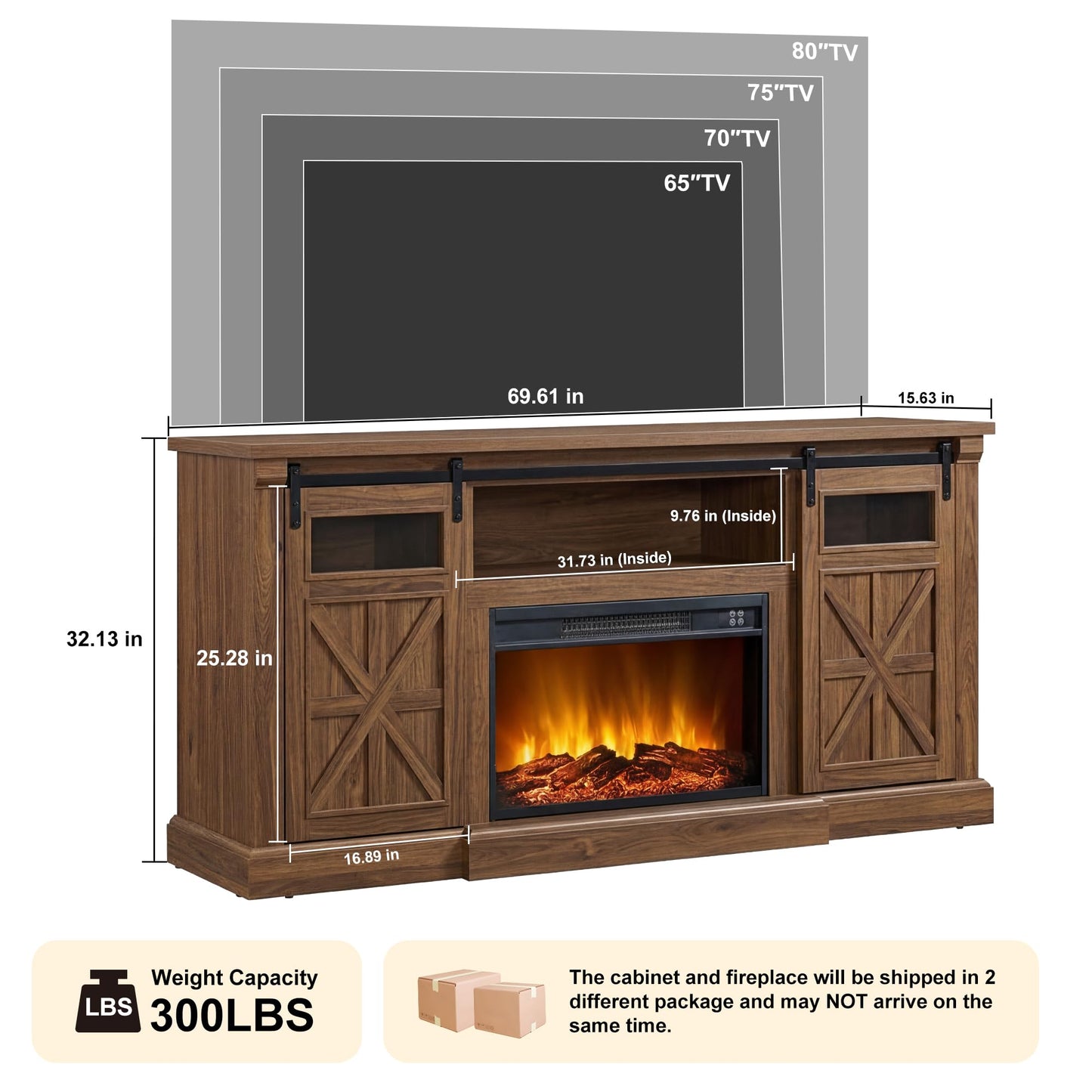 Unineo Fireplace TV Stand for up to 80 Inch TVs, 32’’ Tall LED Entertainment Center with Electric Fireplace, Farmhouse TV Console Table w/Sliding Barn Door & Window for Living Room, Brown