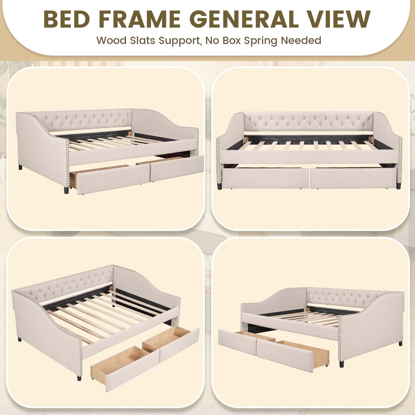 Daybed Frame Full Size with Storage 2 Drawers and Button Tufted, Upholstered Platform Bed, No Box Spring Needed