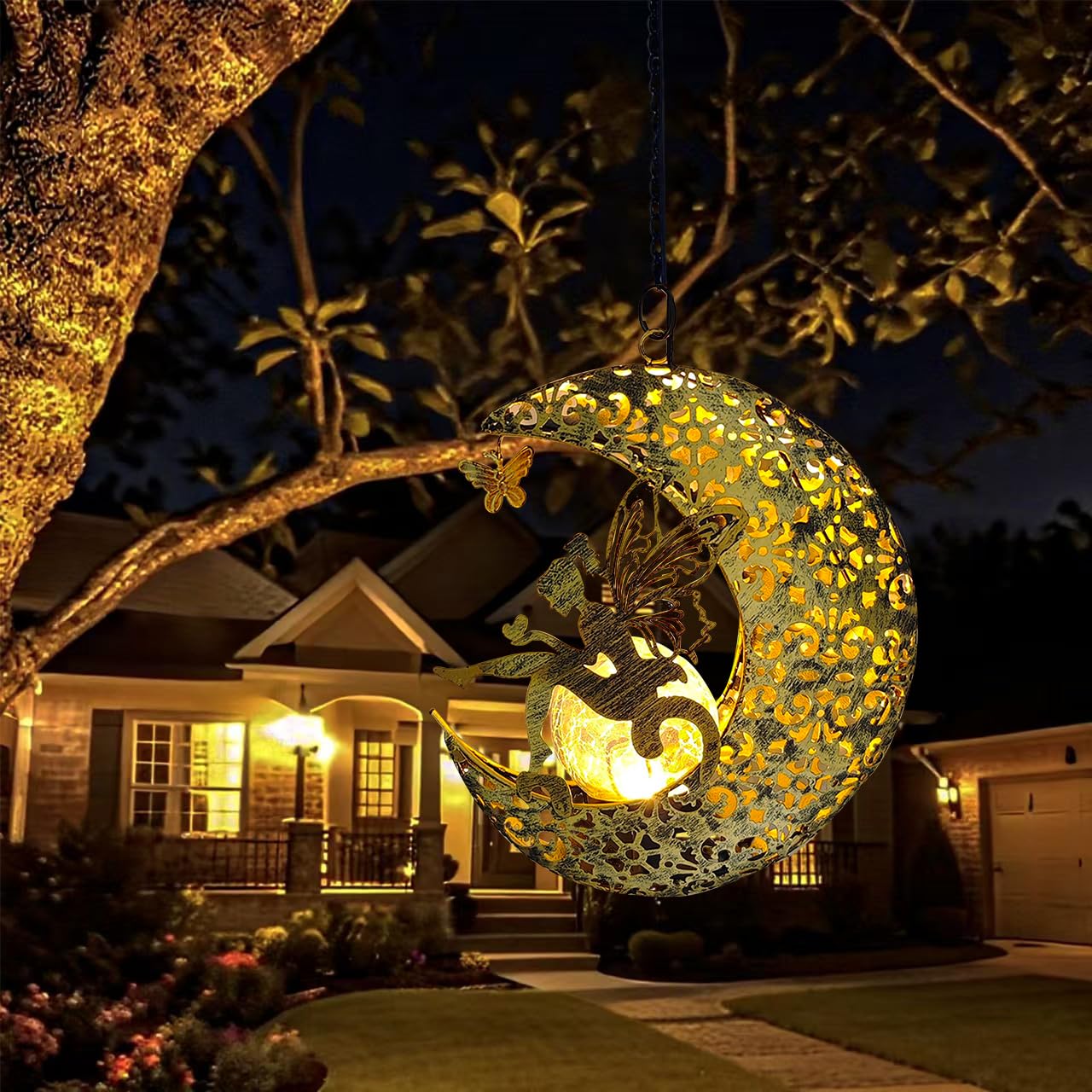 QCF Solar Garden Fairy Statue with Hanging Lights, Bronze Color, Fairy Moon, Model JY10003, Outdoor Metal Yard Art