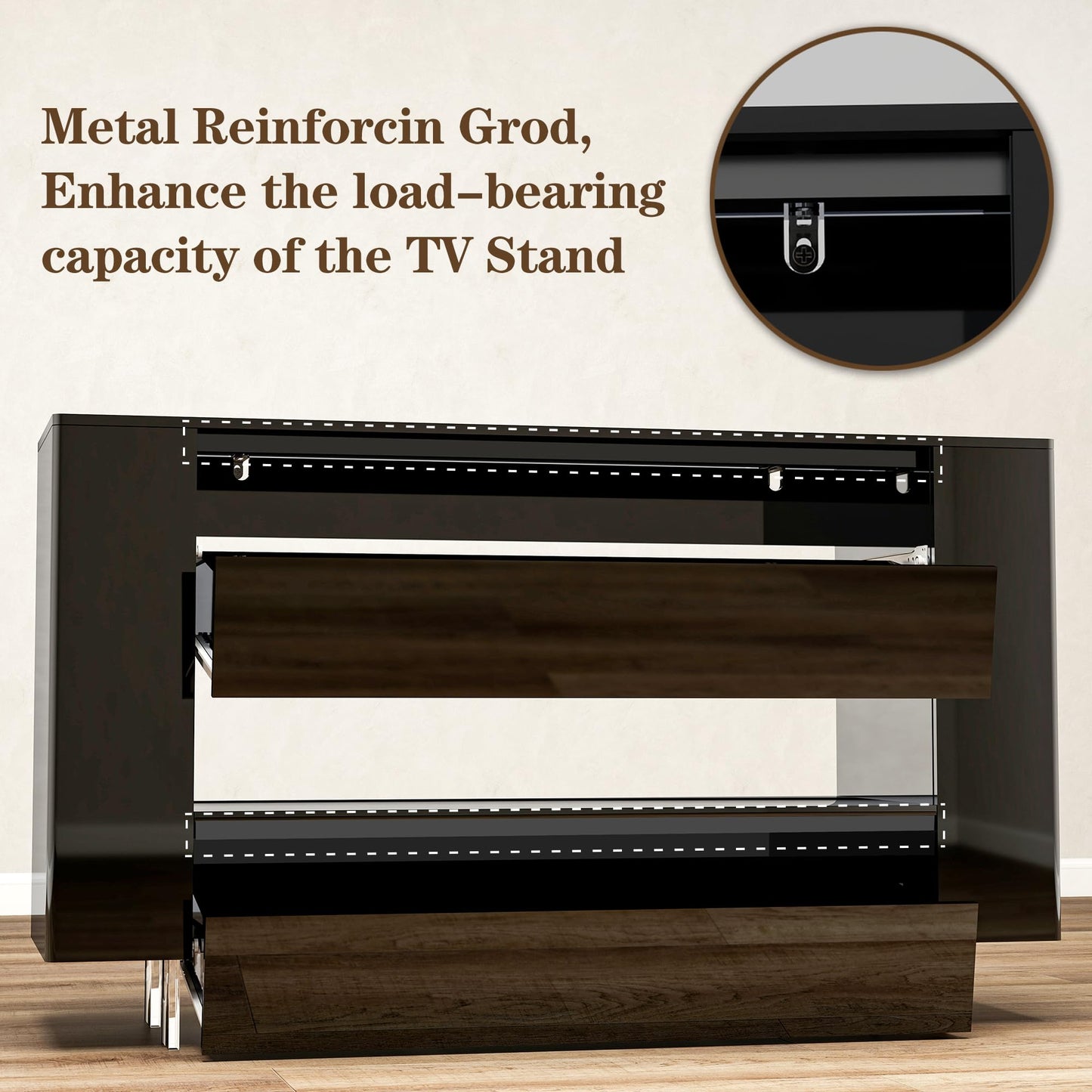 65" TV Stand with 2 Drawers & Hidden Storage Cabinets, High Gloss Black