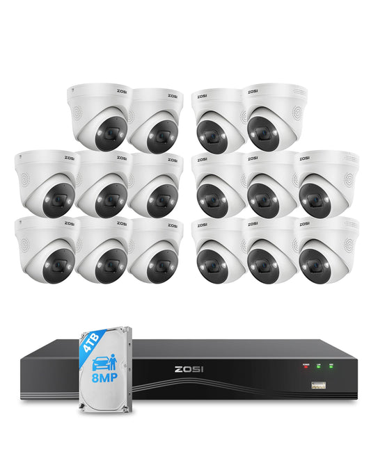ZOSI 4K PoE Security Camera System with Face/Person/Vehicle Detection, 16 x 4K Outdoor IP Dome Cameras, 2 Way Audio, Color Night Vision, 16 Port 32CH 8MP Dual-Bay NVR with 4TB HDD for 24/7 Recording