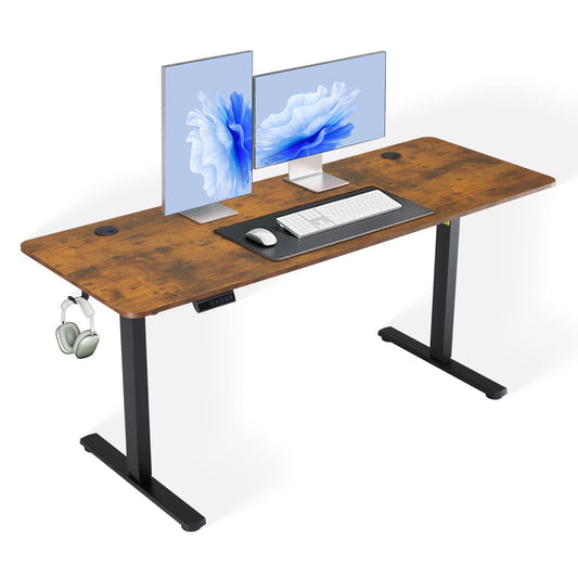 Hexago 63 x 24 Inch Height Adjustable Electric Standing Desk, Sit Stand Home Office Desk with Splice Board, Memory Presets, T-Leg Frame – Rustic Brown