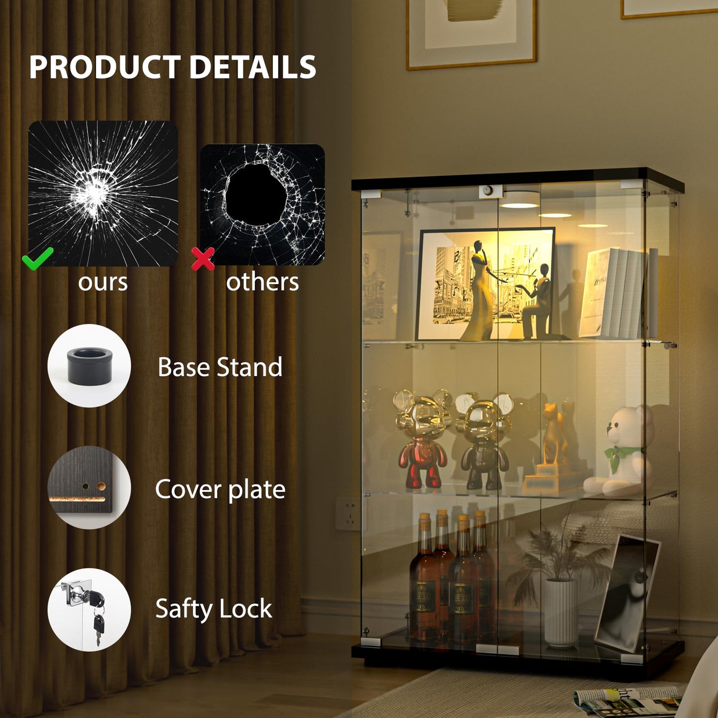 FANYUSHOW Tempered Glass Display Cabinet with LED Lights and Lock, Black, 2-Door 3-Shelf Curio Cabinet with Glass Shelves for Collectibles, Lego, Figures, Books and Wine