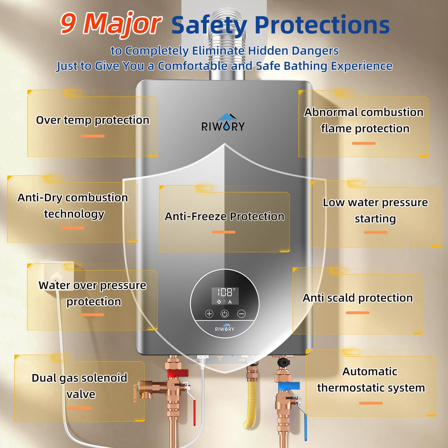 RIWORY 85000 BTU On Demand Propane Water Heater Tankless, Max 3.6 GPM, Intelligent Indoor Gas Hot Water Heater with Freeze Protection, 3/4" NPT, lp Gas Tankless Water Heater for 2-3 Water Points