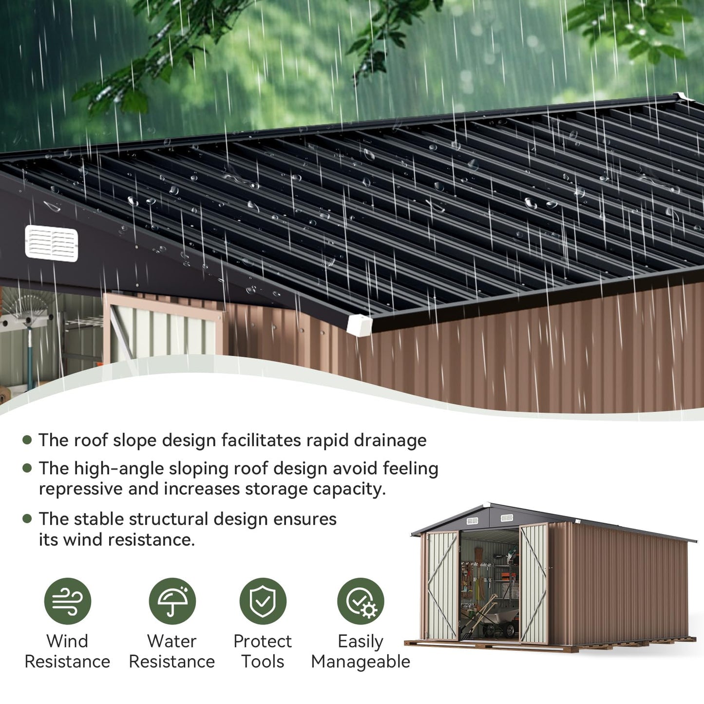 Aoxun 10 x 12FT Outdoor Storage Shed with Double Hinged Large Door Utility Garden Shed with Lockable Door & Sloped Roof Metal Sheds Outdoor Storage for Garden, Backyard, Patio and Backyard, Brown