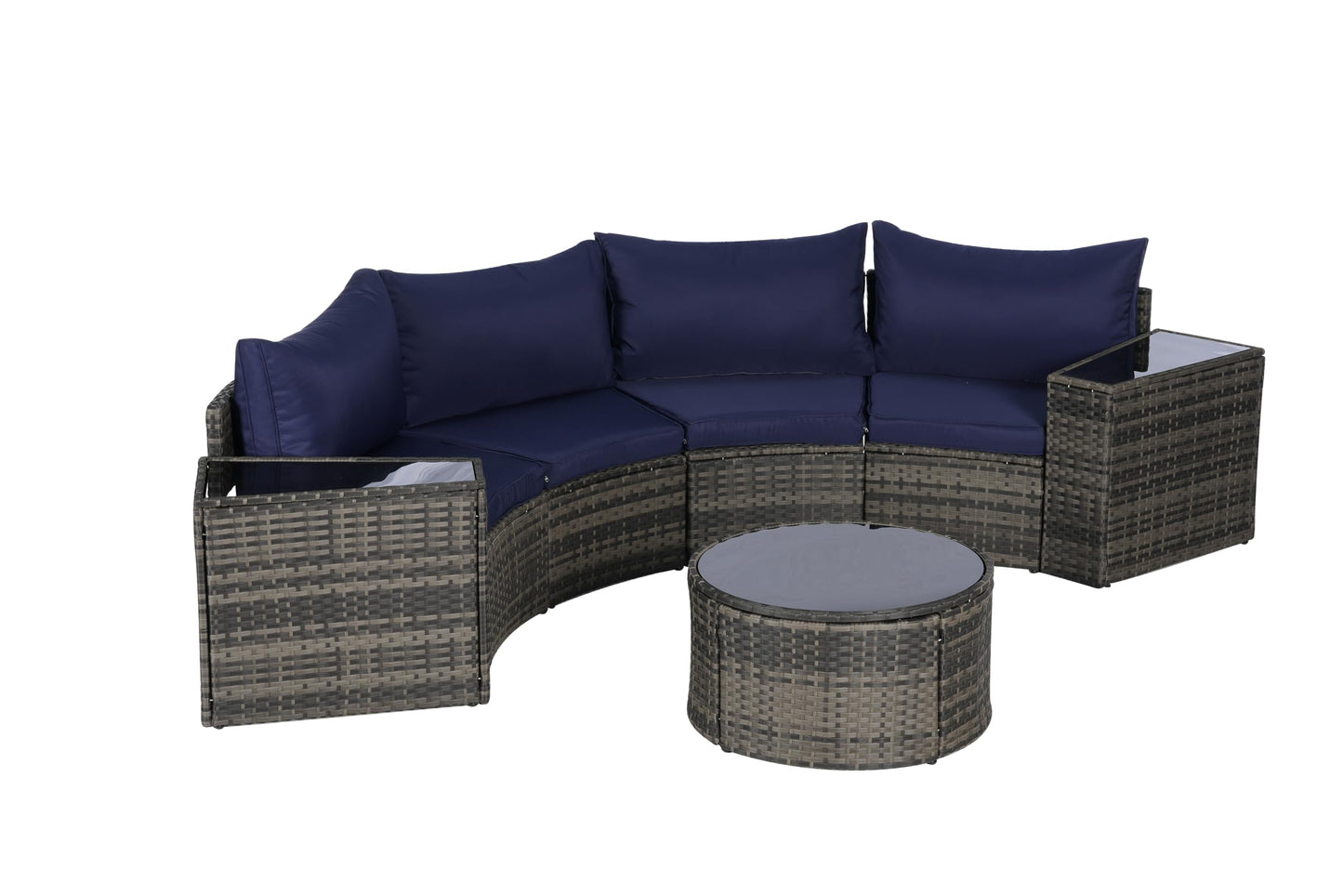 KEIKI 7-Piece Half-Moon Outdoor Patio Furniture Set, Rattan Patio Conversation Set with Coffee Table & 2 Sofa Side Table & 4 Curved Armless Sofa, Wicker Curved Sectional Sofa Set, for Backyard, Blue