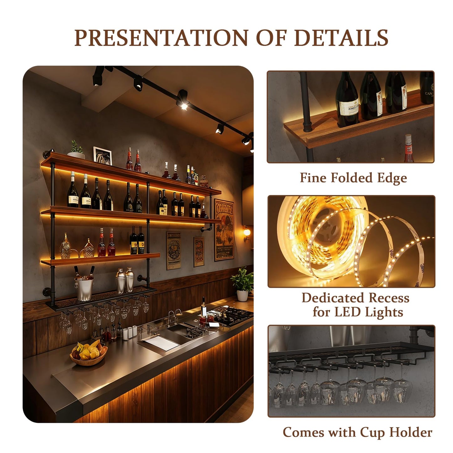 31.5in Large Solid Wood Wine Rack Wall Mounted, Wall Bar Shelves for Liquor Bottles with LED Light, 4 Tier Wine Glass Rack Capacity Liquor for Bar Living Room Dining Room Kitchen Cafe (31.5in/80cm)