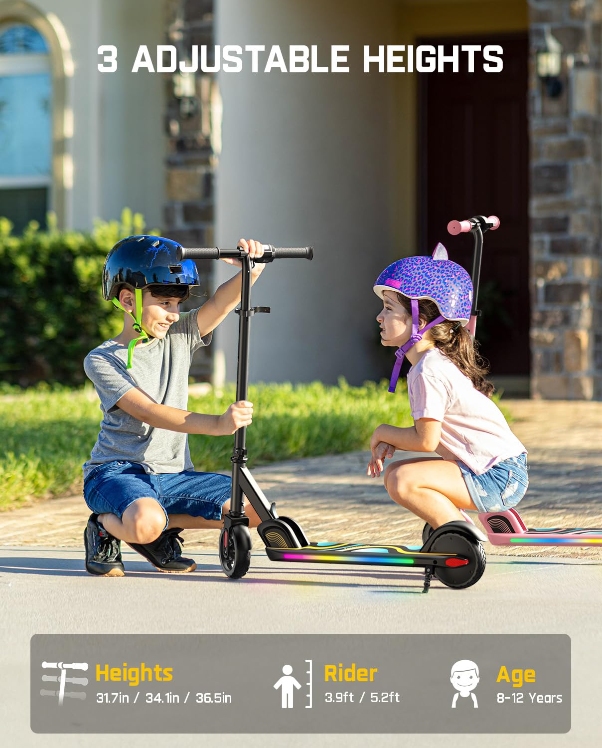FanttikRide C9 Pro Kids Electric Scooter Ages 8-12, Colorful Rainbow Lights, E-Scooter for Kids 3.9-5.2 ft, 132 lbs, 5 Miles Range, Up to 40 min Ride Time, 5/8/10 MPH, 3 Adjustable Heights, Black