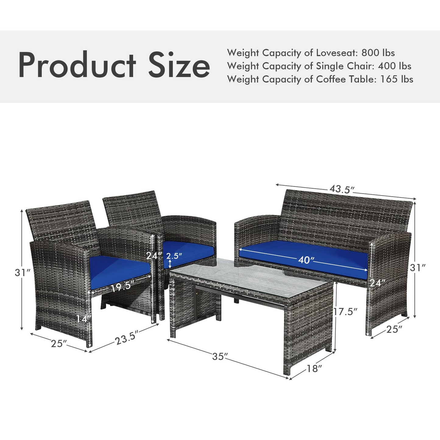 Goplus 4-Piece Rattan Patio Furniture Set, Outdoor Wicker Conversation Sofa with Weather Resistant Cushions and Tempered Glass Tabletop for Lawn Backyard Pool Garden (Blue)