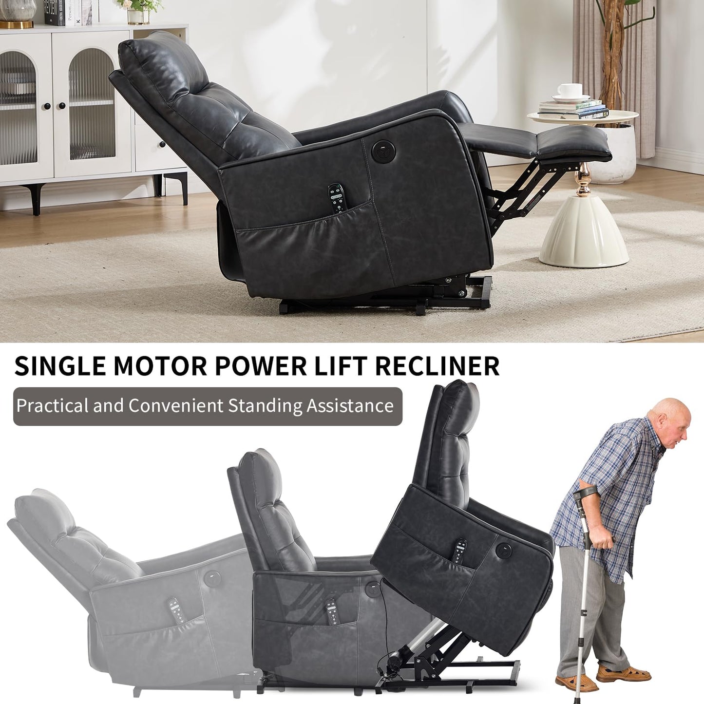 KEIKI Single Motor Power Lift Recliner Chair with Massage and Heat for Living Room, Synthetic Leather Upholstery with USB Charging Port and Side Pockets for Seniors